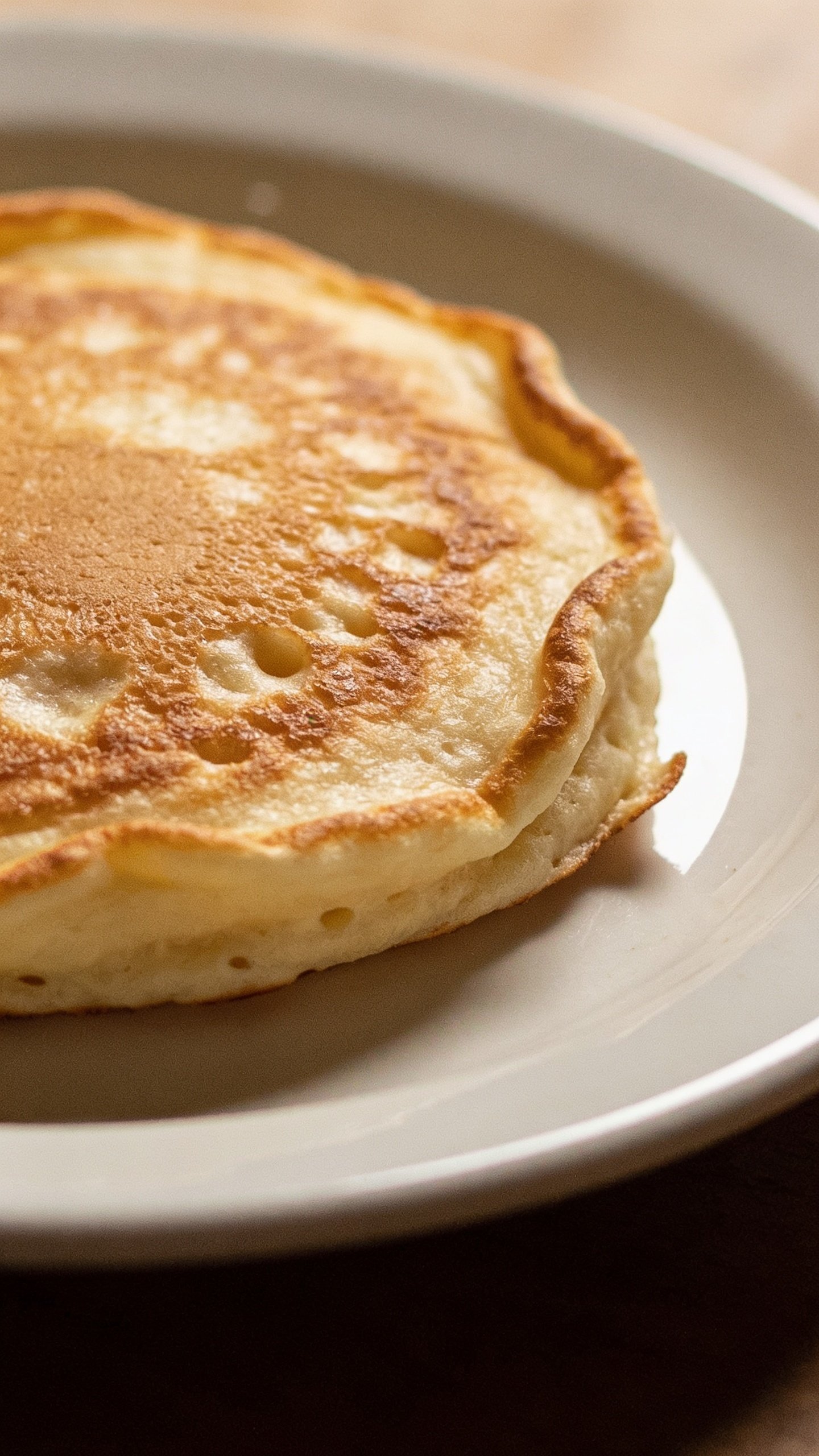 closeup of single fluffy Greek yogurt pancake on white plate