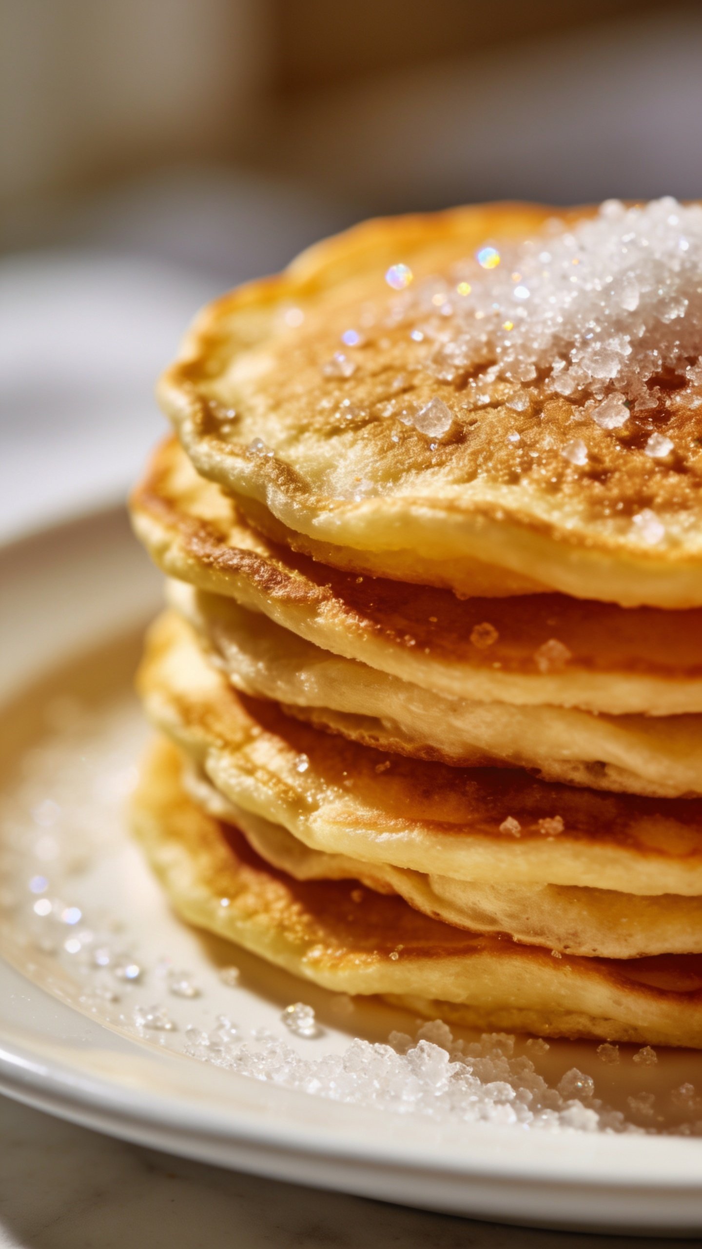 macro shot of light dusting sugar atop golden pancake stack on plate