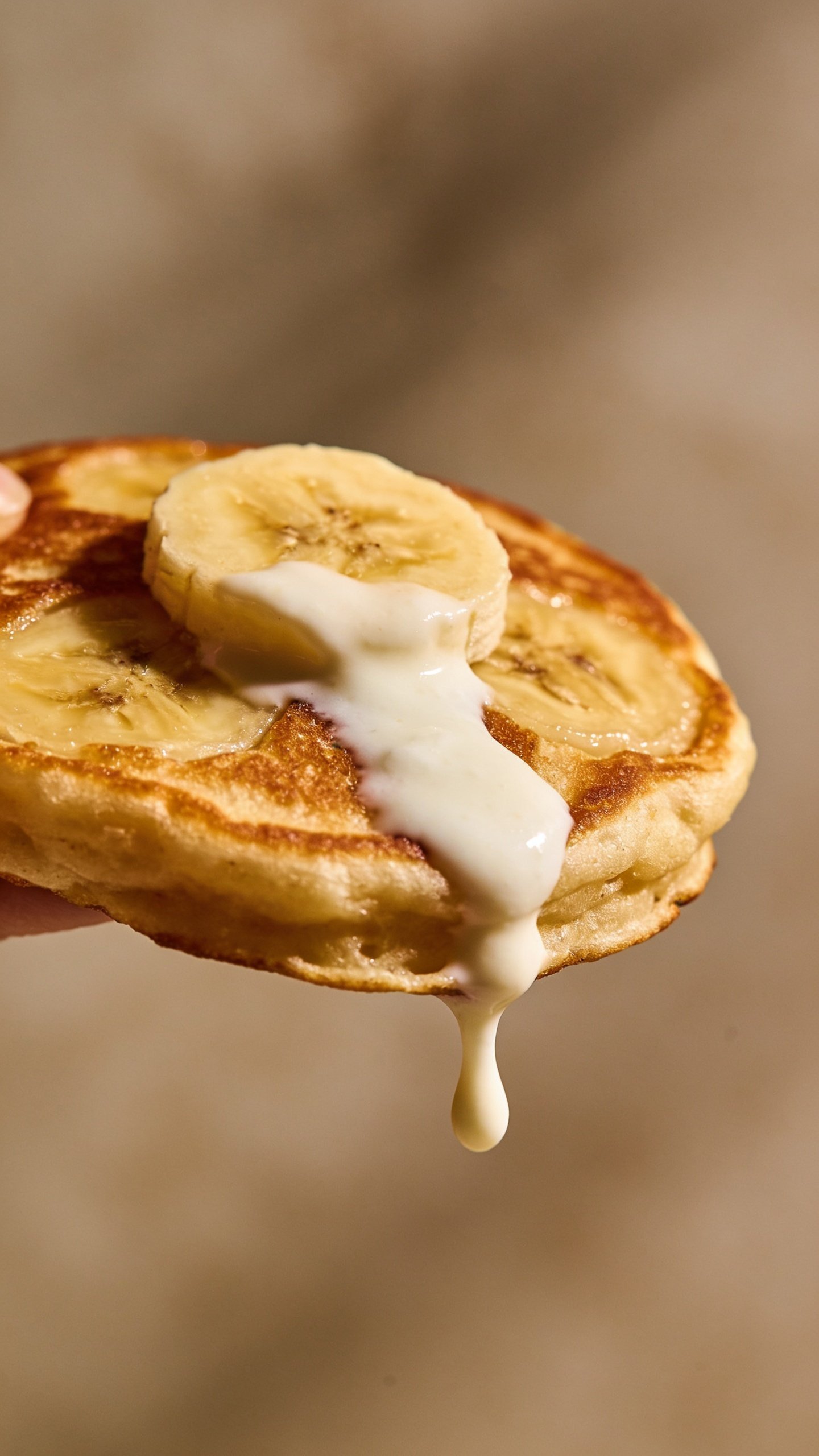 closeup of a single banana pancake with Greek yogurt topping