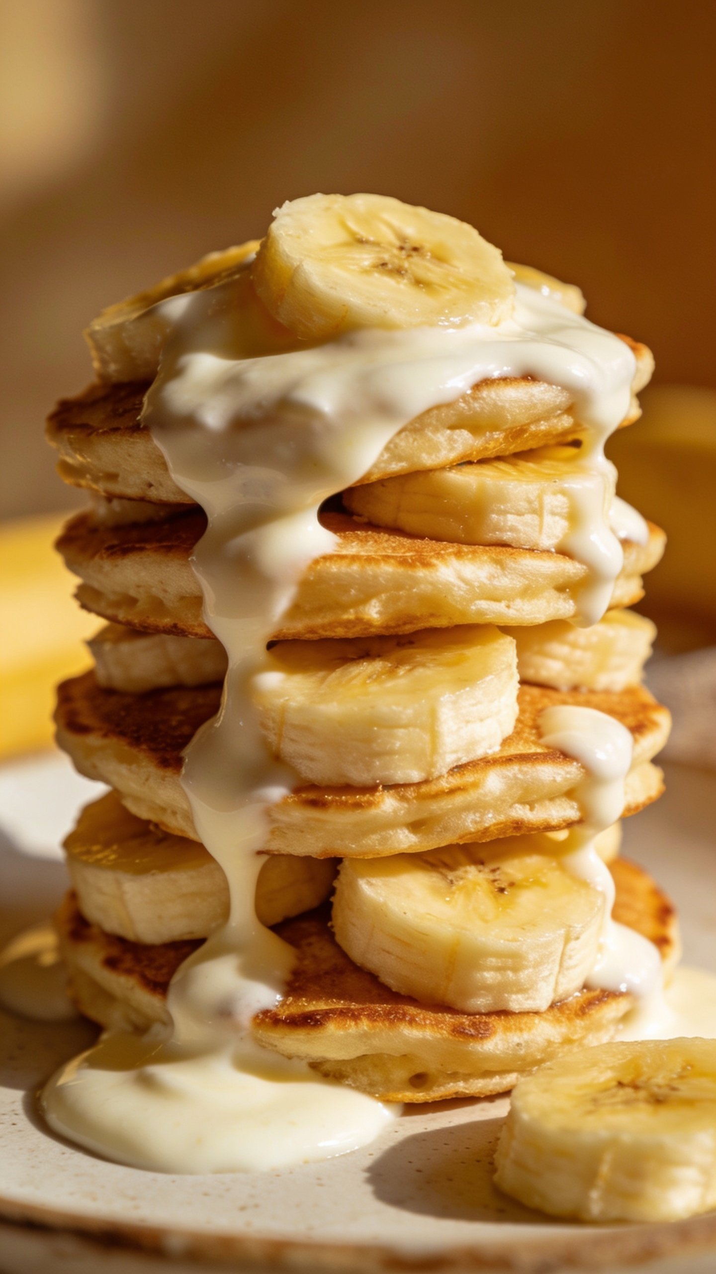 closeup of a stack of banana pancakes with yogurt drizzle