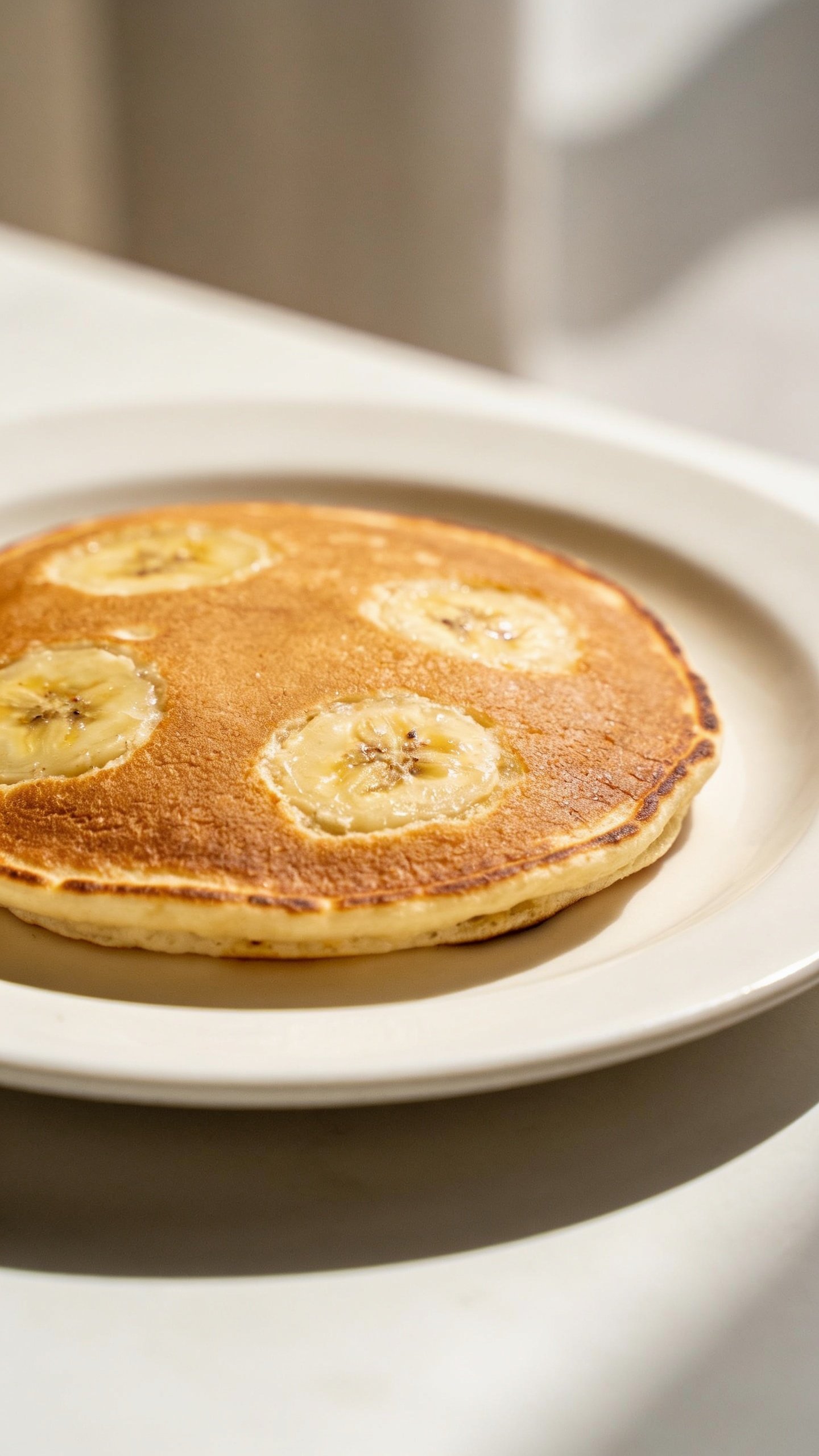 closeup of a single pancake resting on a white plate with visible banana specks