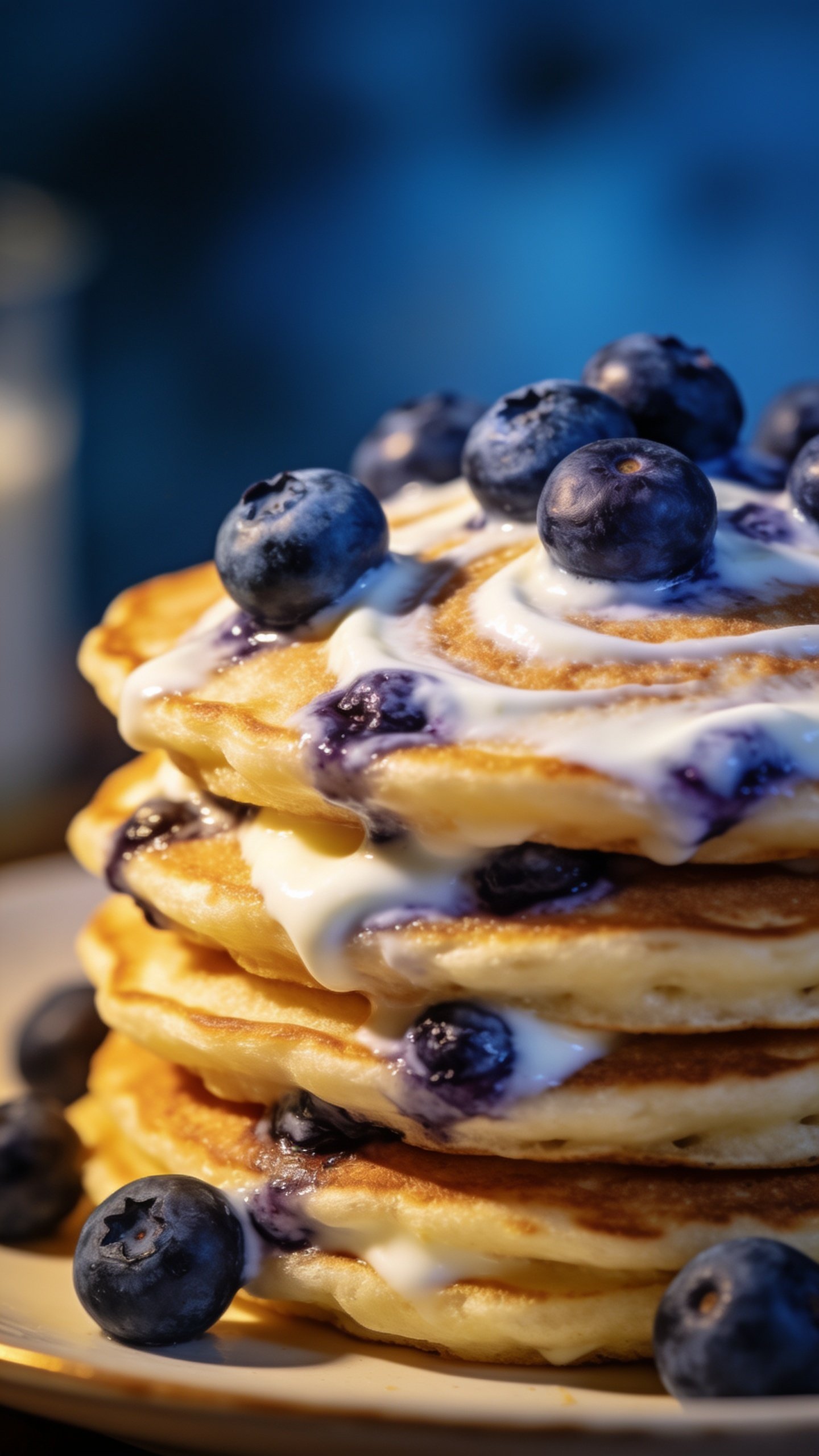 Closeup of blueberry Greek yogurt pancake stack with blueberries on top