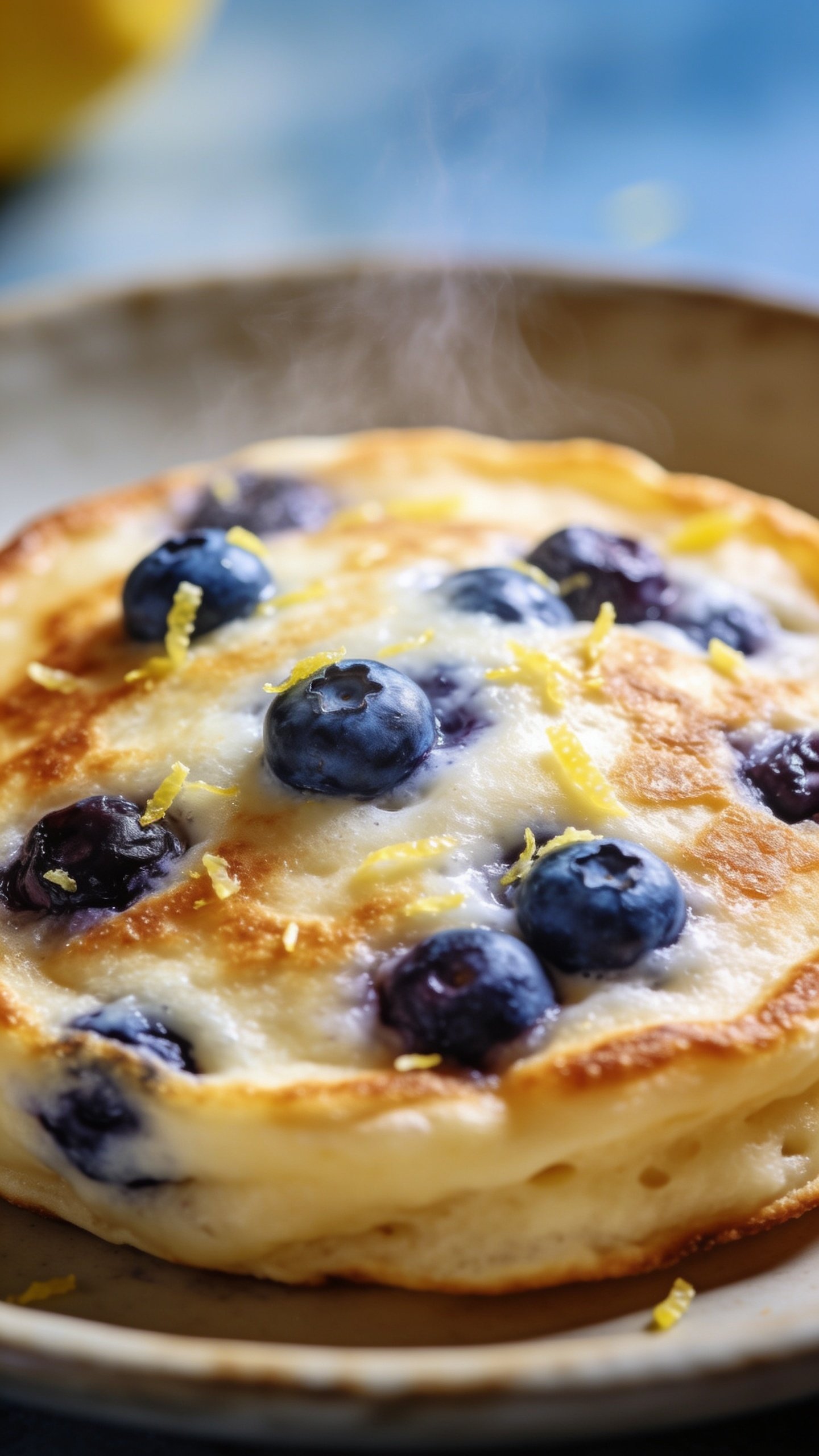 Closeup of a single fluffy blueberry Greek yogurt pancake with lemon zest