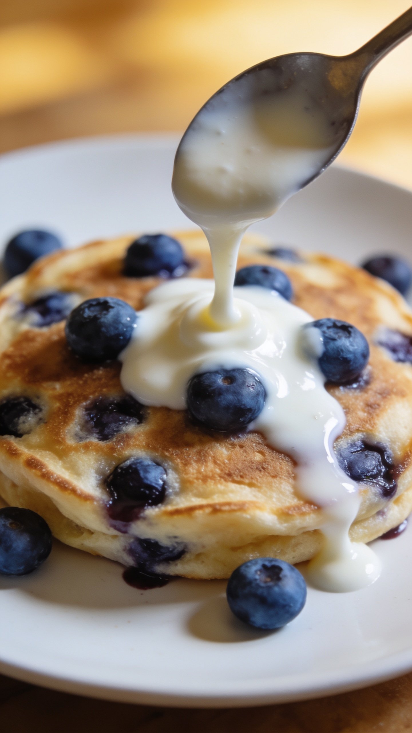 Closeup of a spoon dripping yogurt over a blueberry pancake on white plate