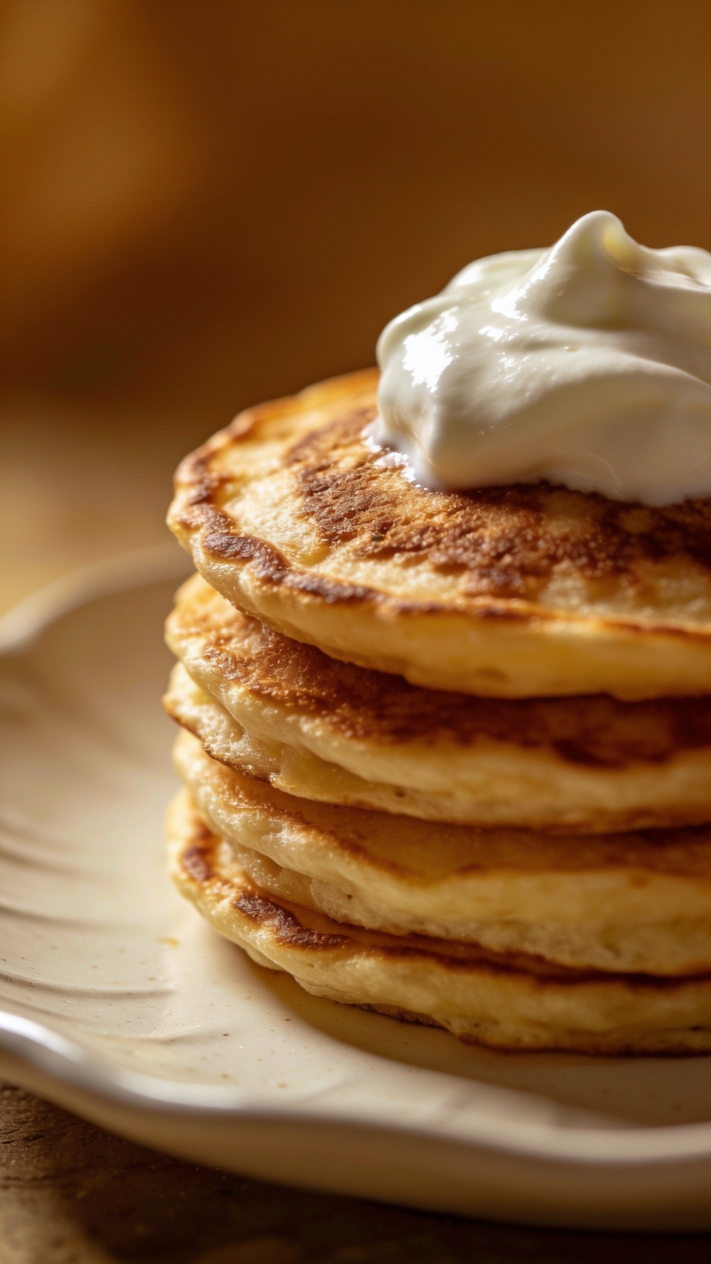 closeup of single pancake stack with yogurt dollop on plate