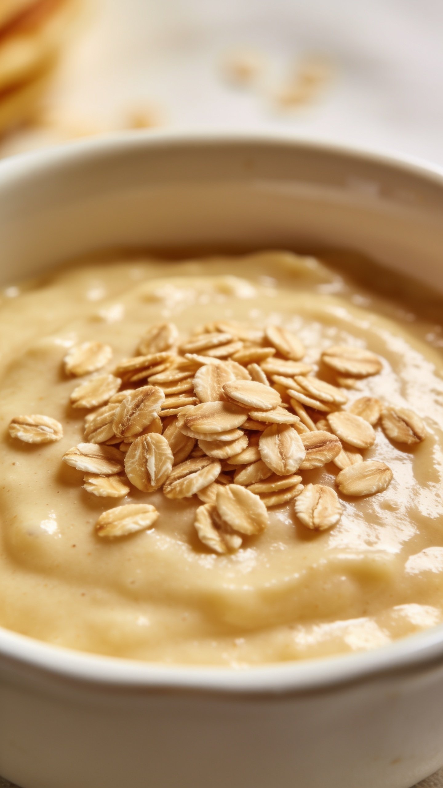 closeup of oats sprinkled on pancake batter surface in bowl