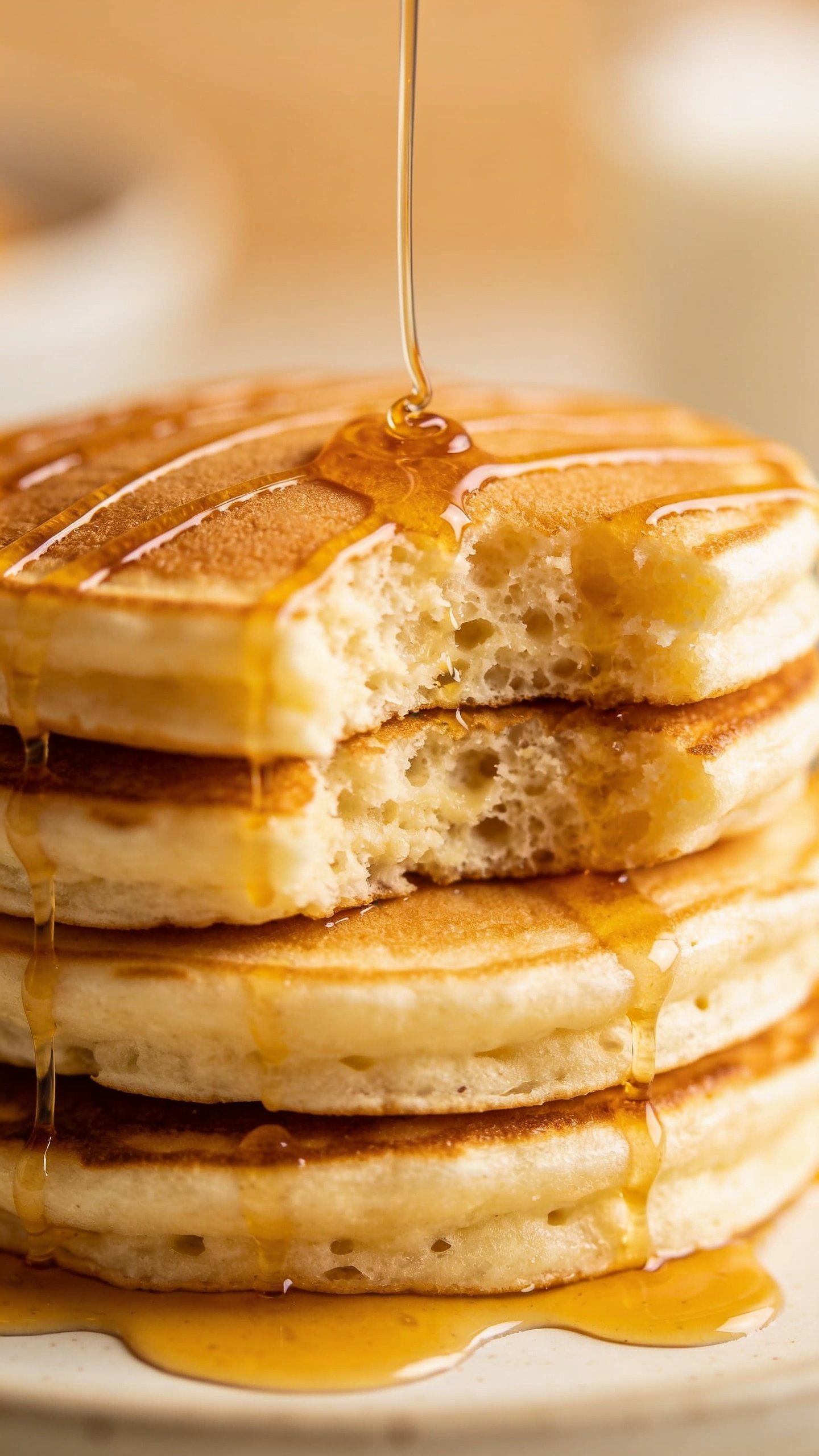 closeup of fluffy Greek yogurt pancake stack drizzled with syrup