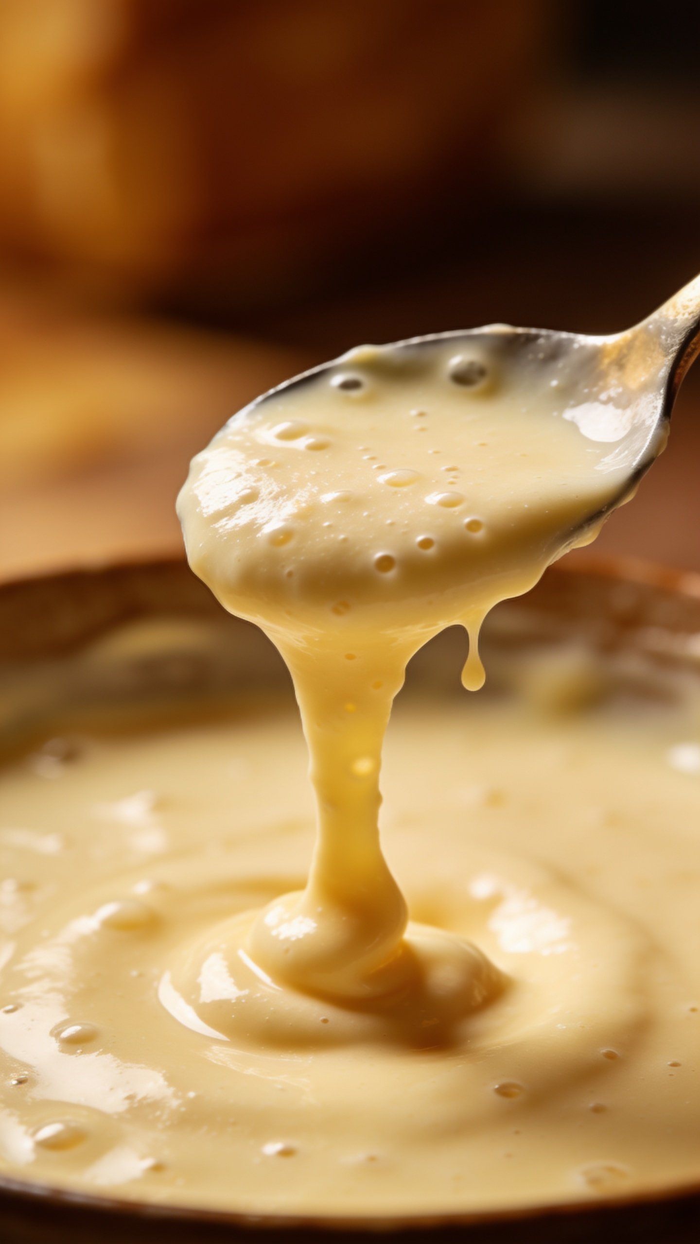 closeup of spoonful of yogurt pancake batter lifting from ladle
