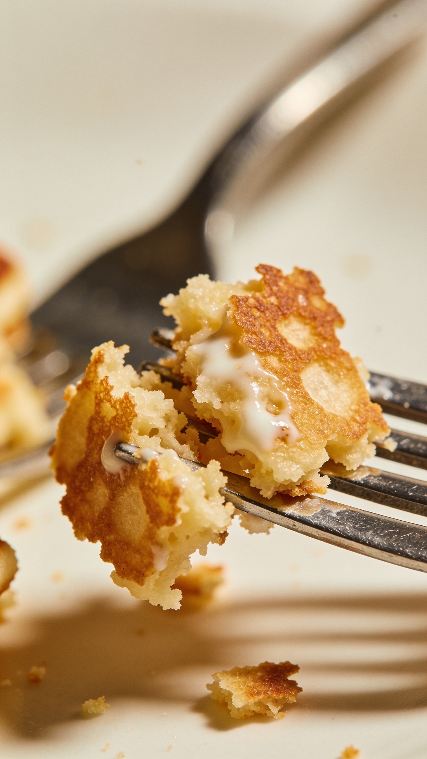 closeup of Greek yogurt oatmeal pancake crumb texture on fork