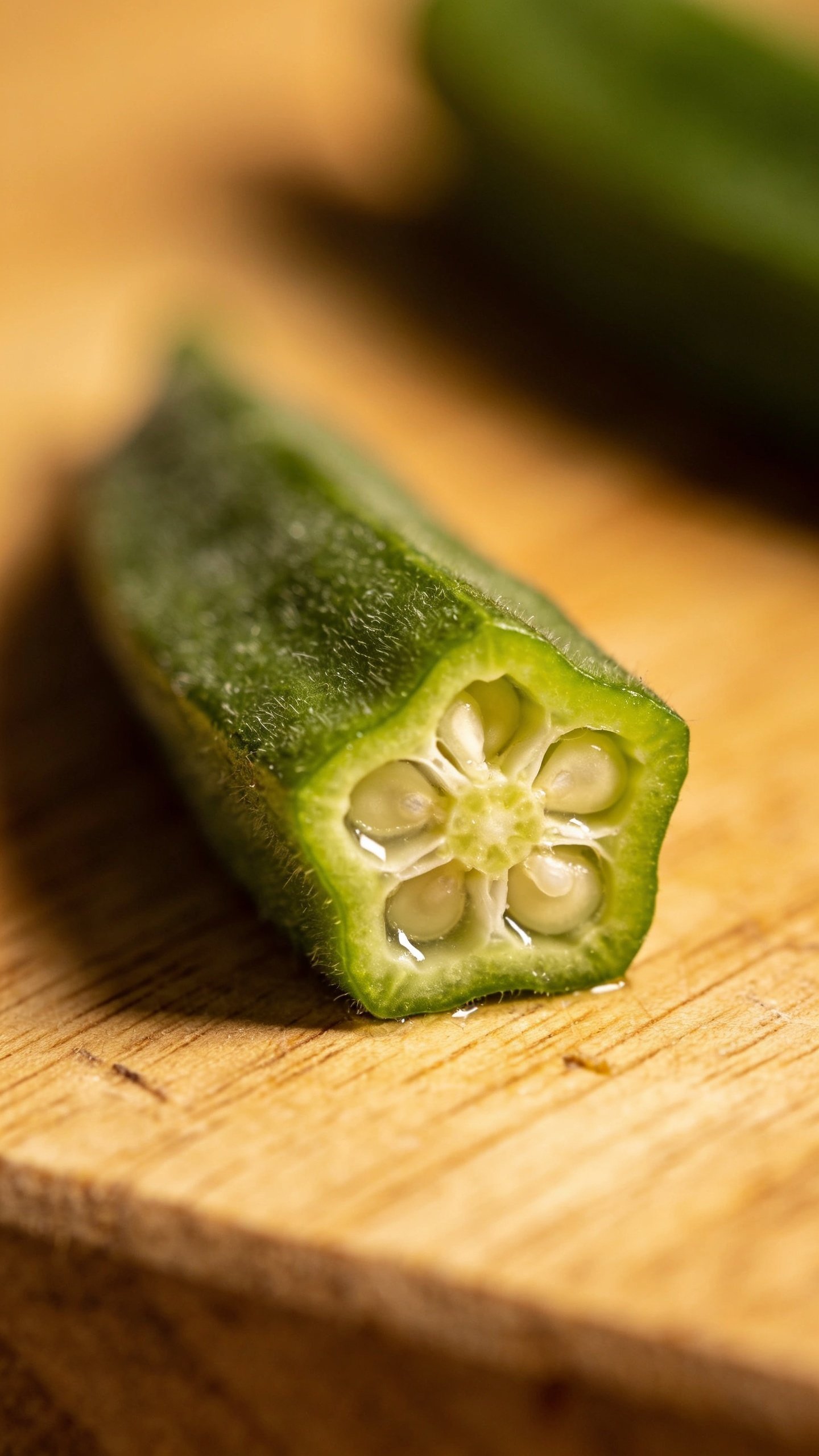 Closeup of a single sliced okra pod resting on a wooden cutting board