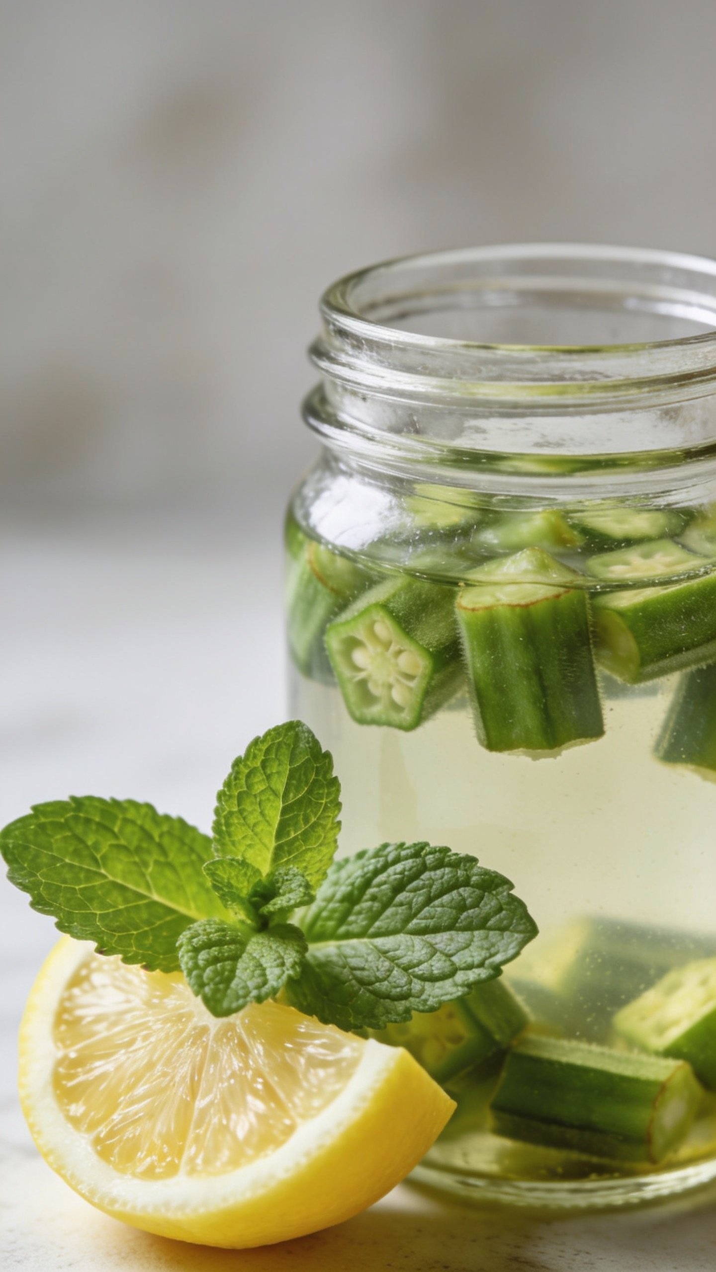 Closeup of a single lemon-wedge mint sprig beside a jar of okra water