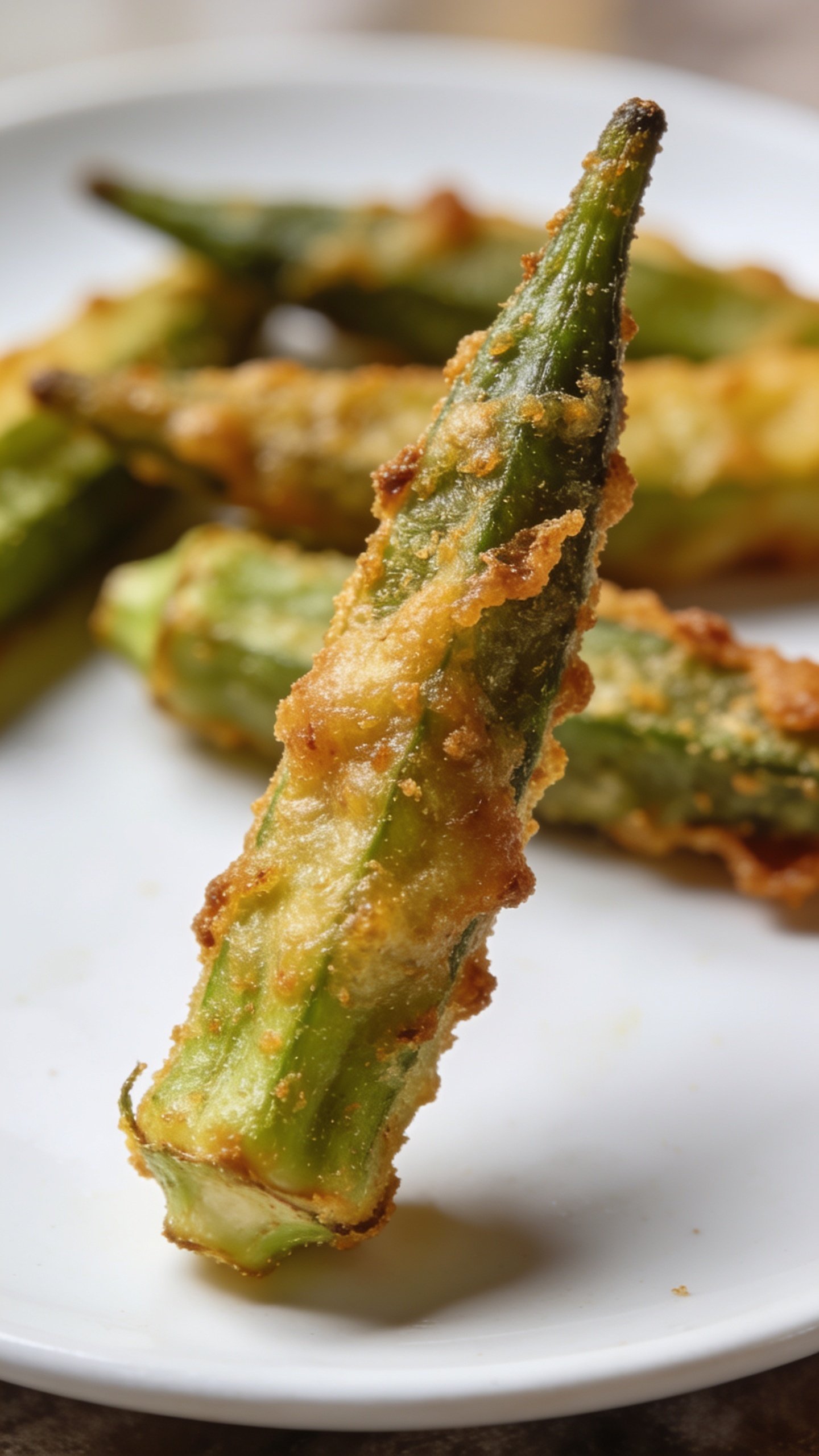 Closeup of crispy air-fried okra pod on white plate, macro lighting