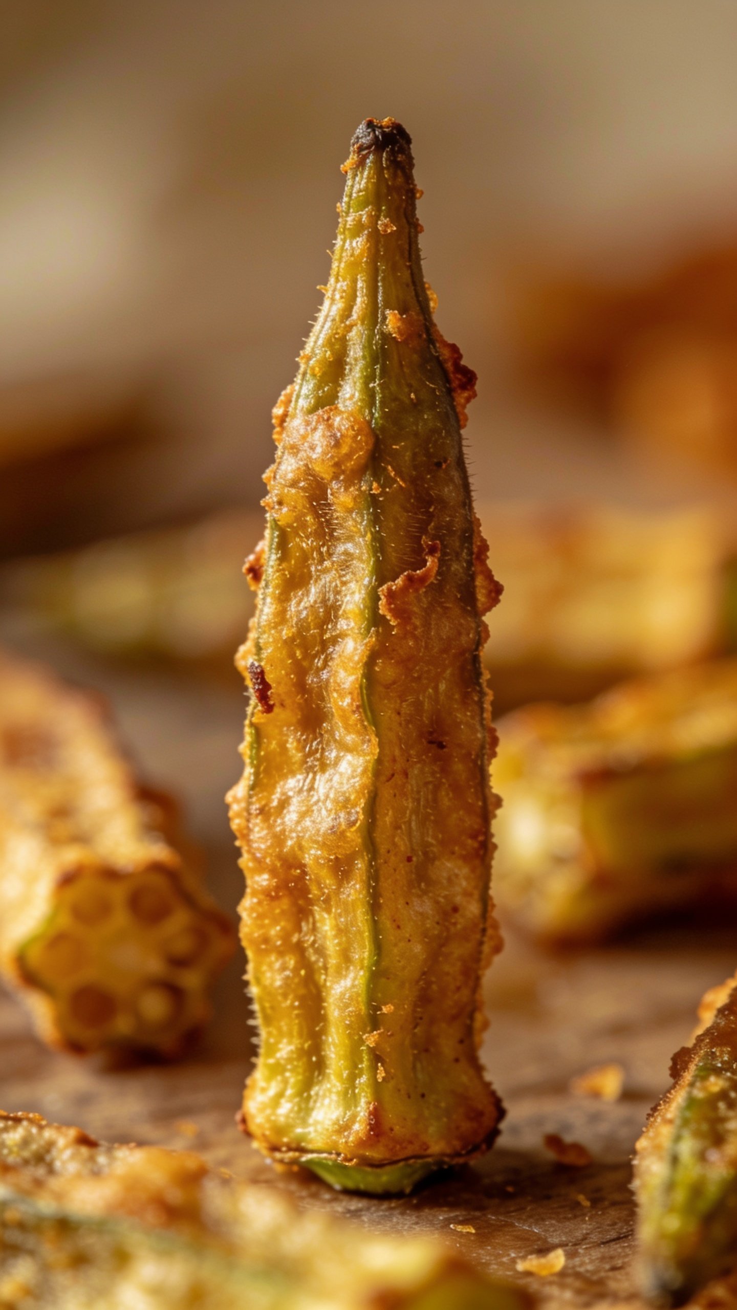 Focused shot of single golden-brown air-fried okra pod with crisp edges