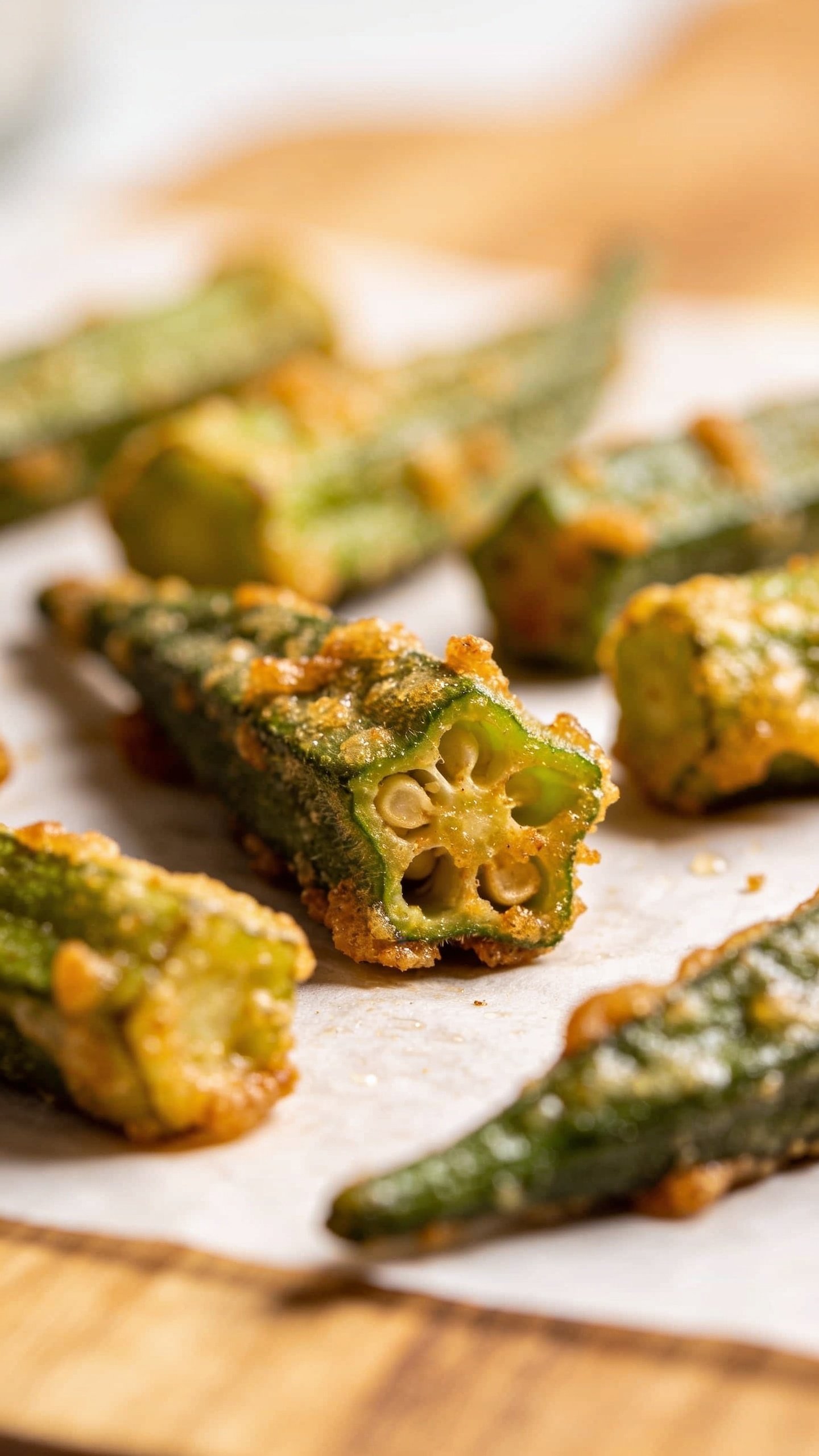 Closeup of freshly fried okra on parchment, shallow depth of field