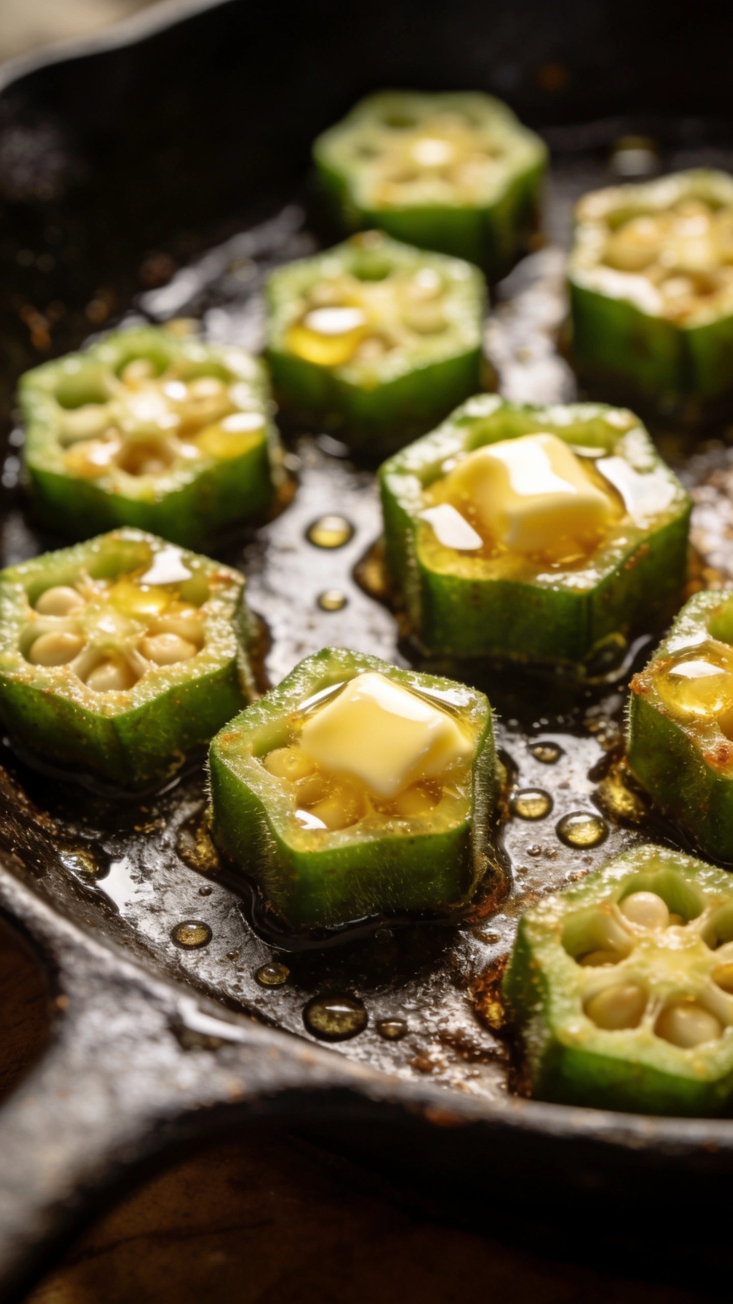 Closeup of sliced okra rounds on a skillet, butter droplets glistening