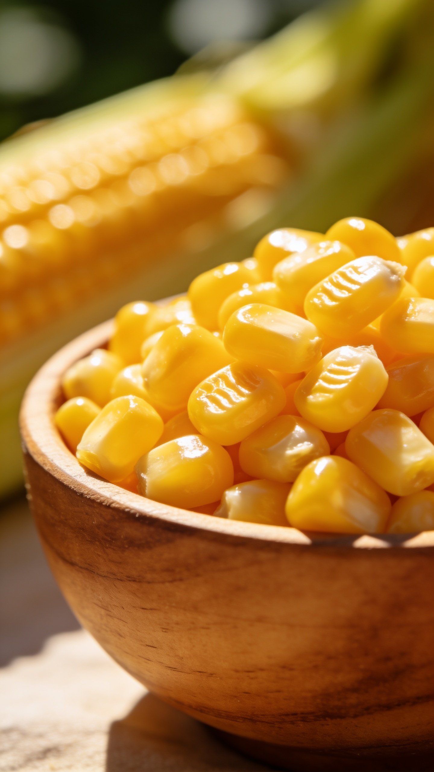 Closeup of corn kernels in a wooden bowl, bright summer light