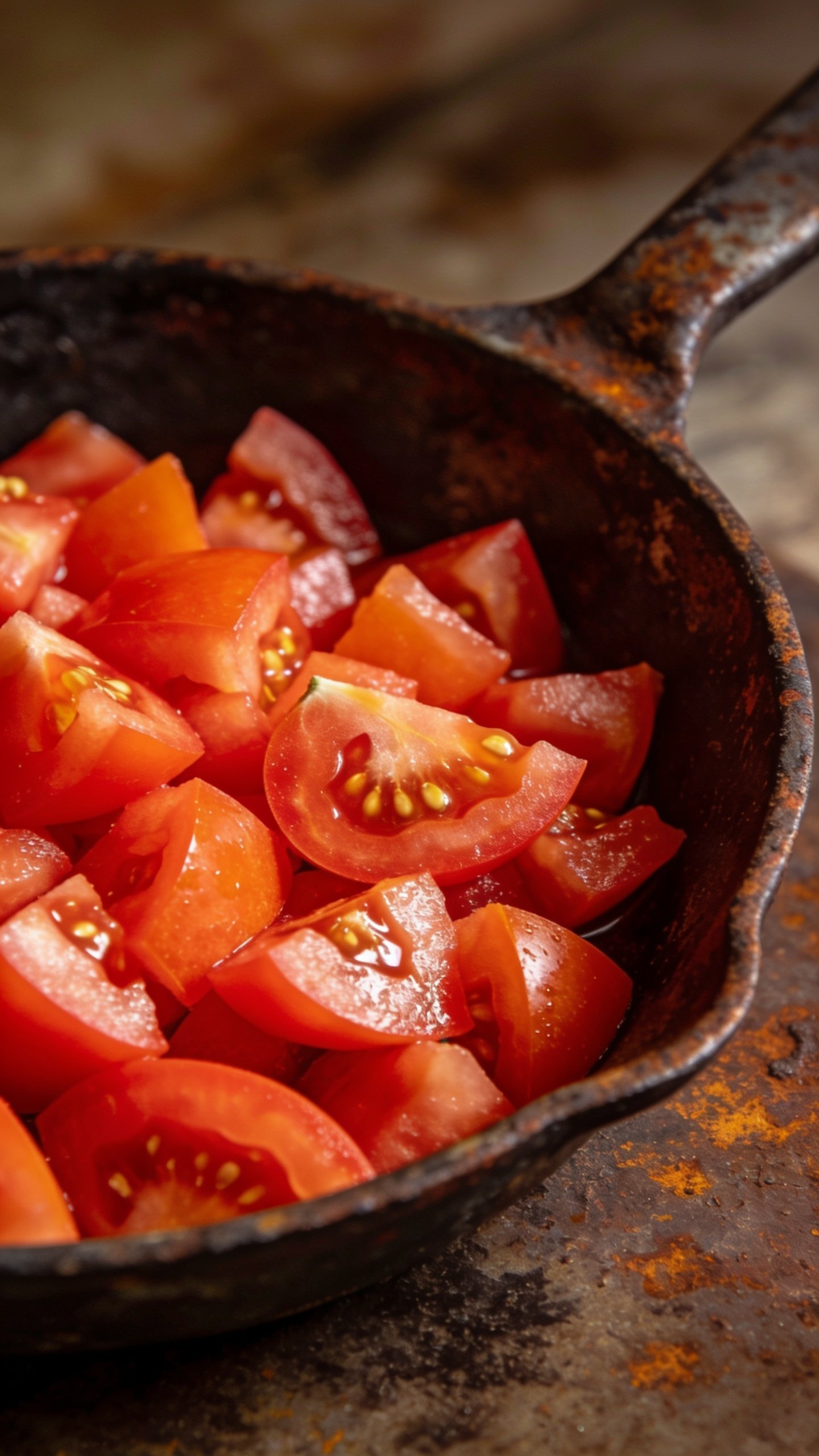 Closeup of diced ripe tomatoes in a rustic skillet