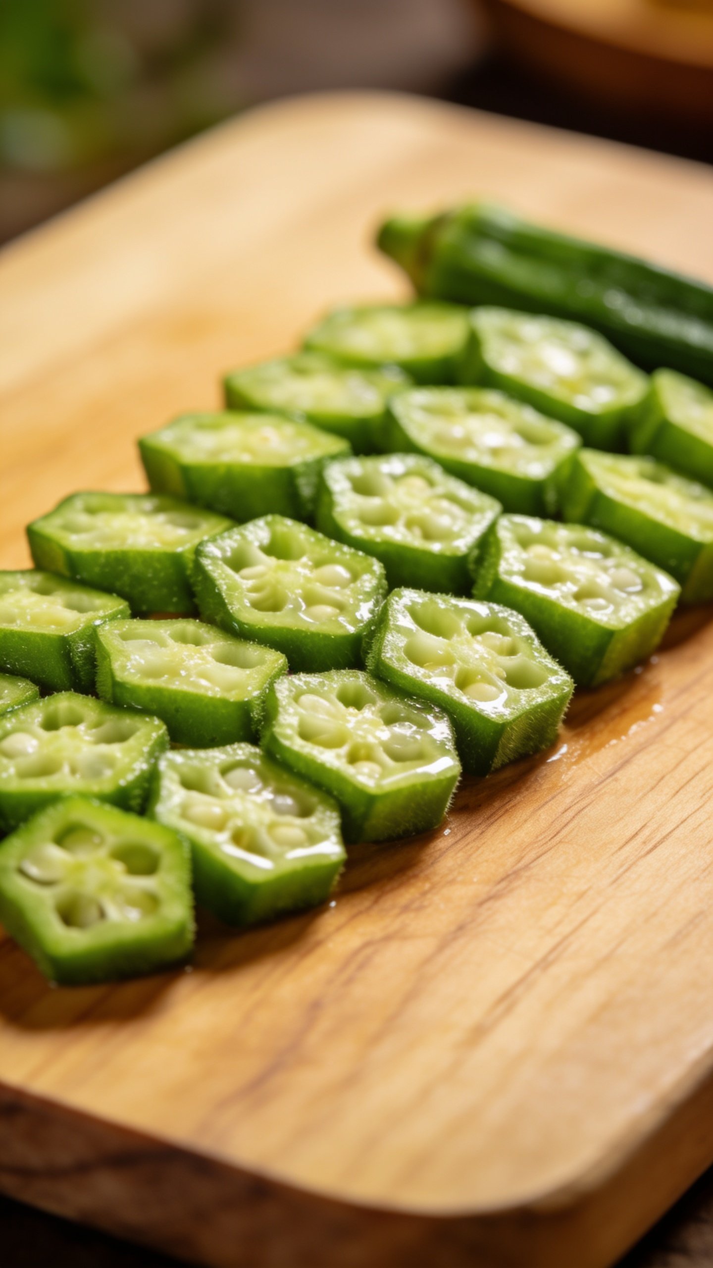 Closeup of sliced okra arranged on cutting board