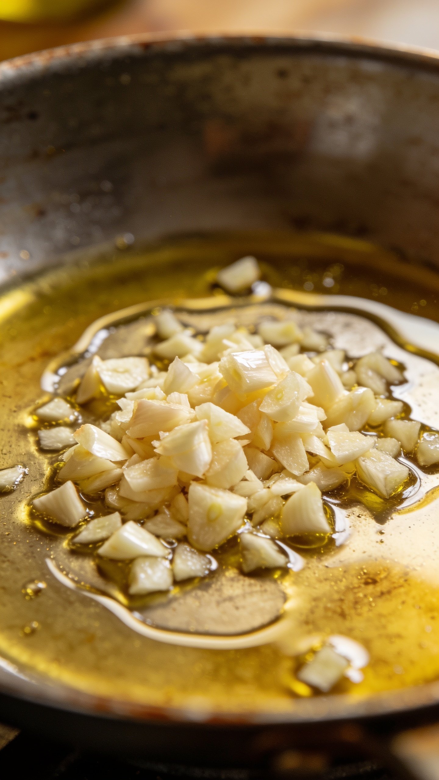 Closeup of minced garlic with olive oil drizzle in pan