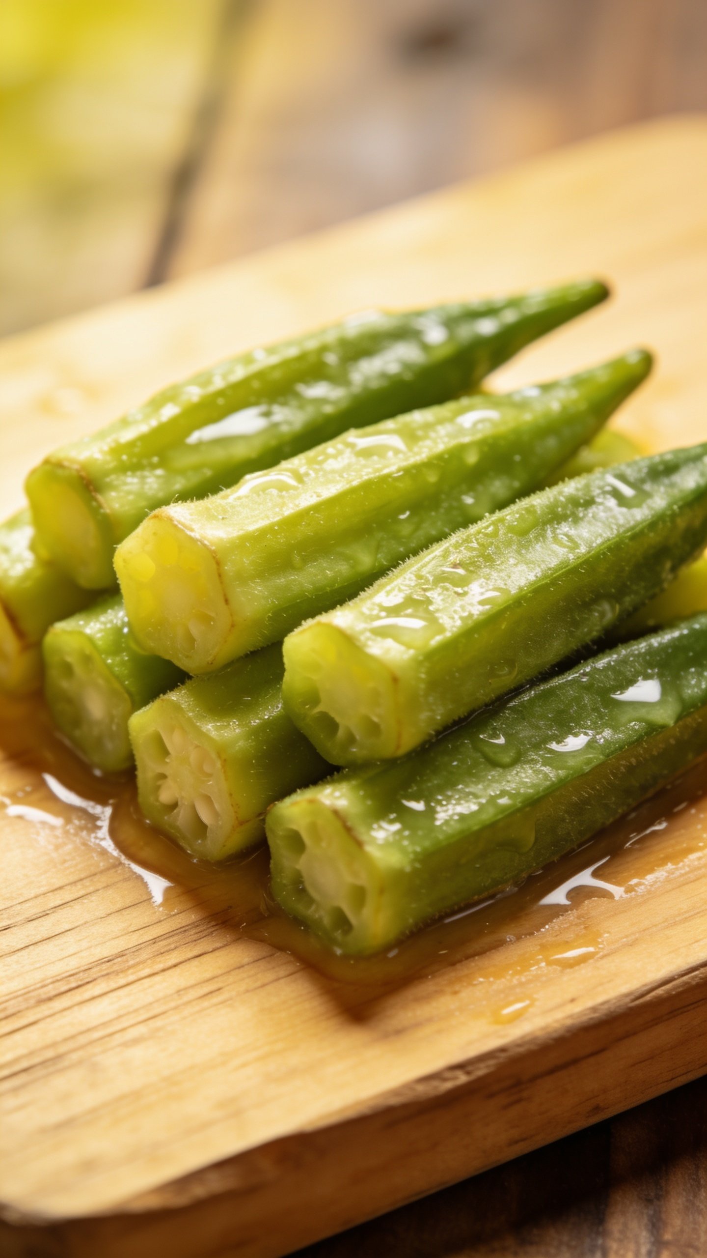Closeup of tender boiled okra pods on a wooden board, light citrus glow