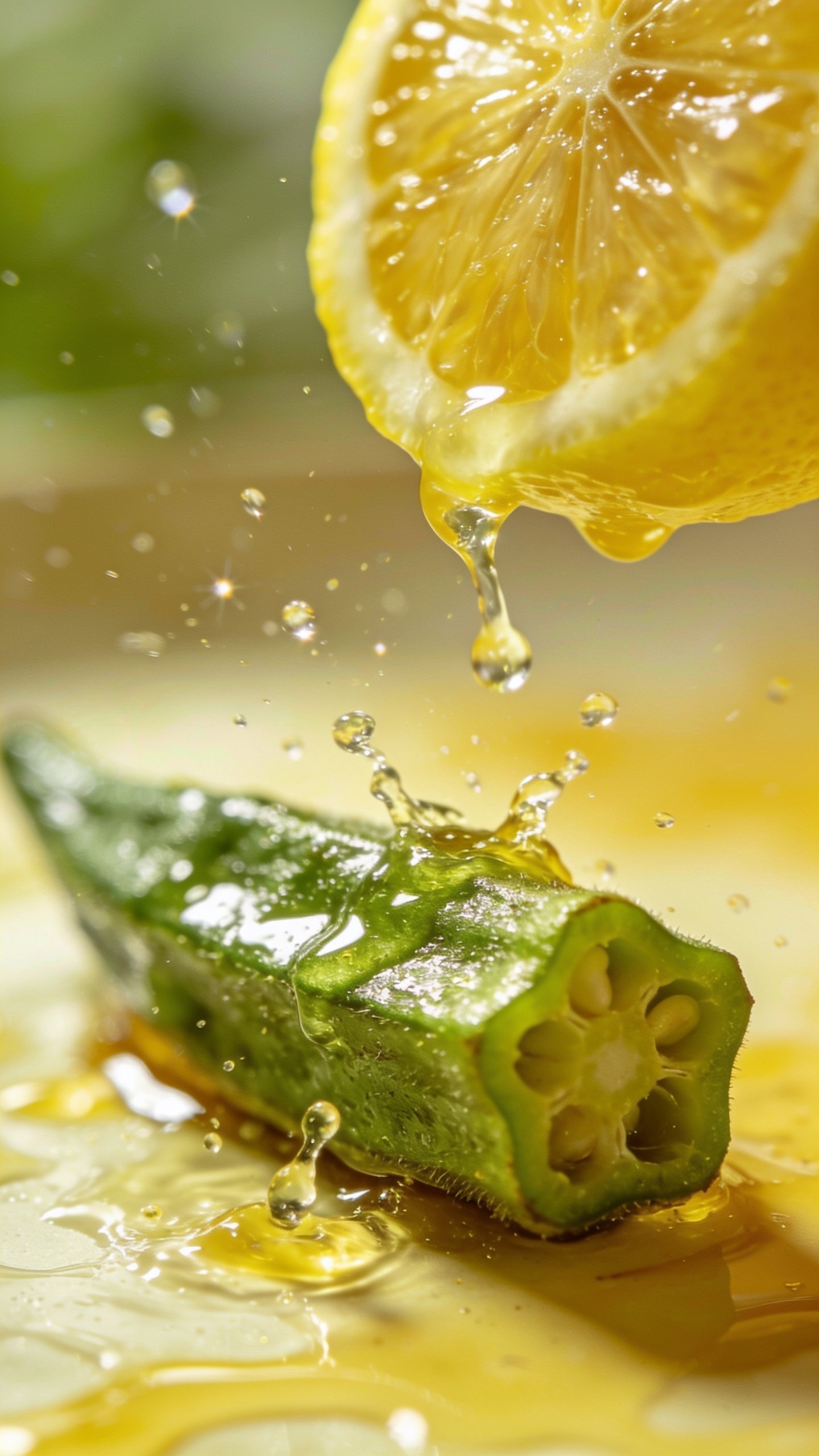 Closeup of sparkling lemon squeeze over a single boiled okra pod