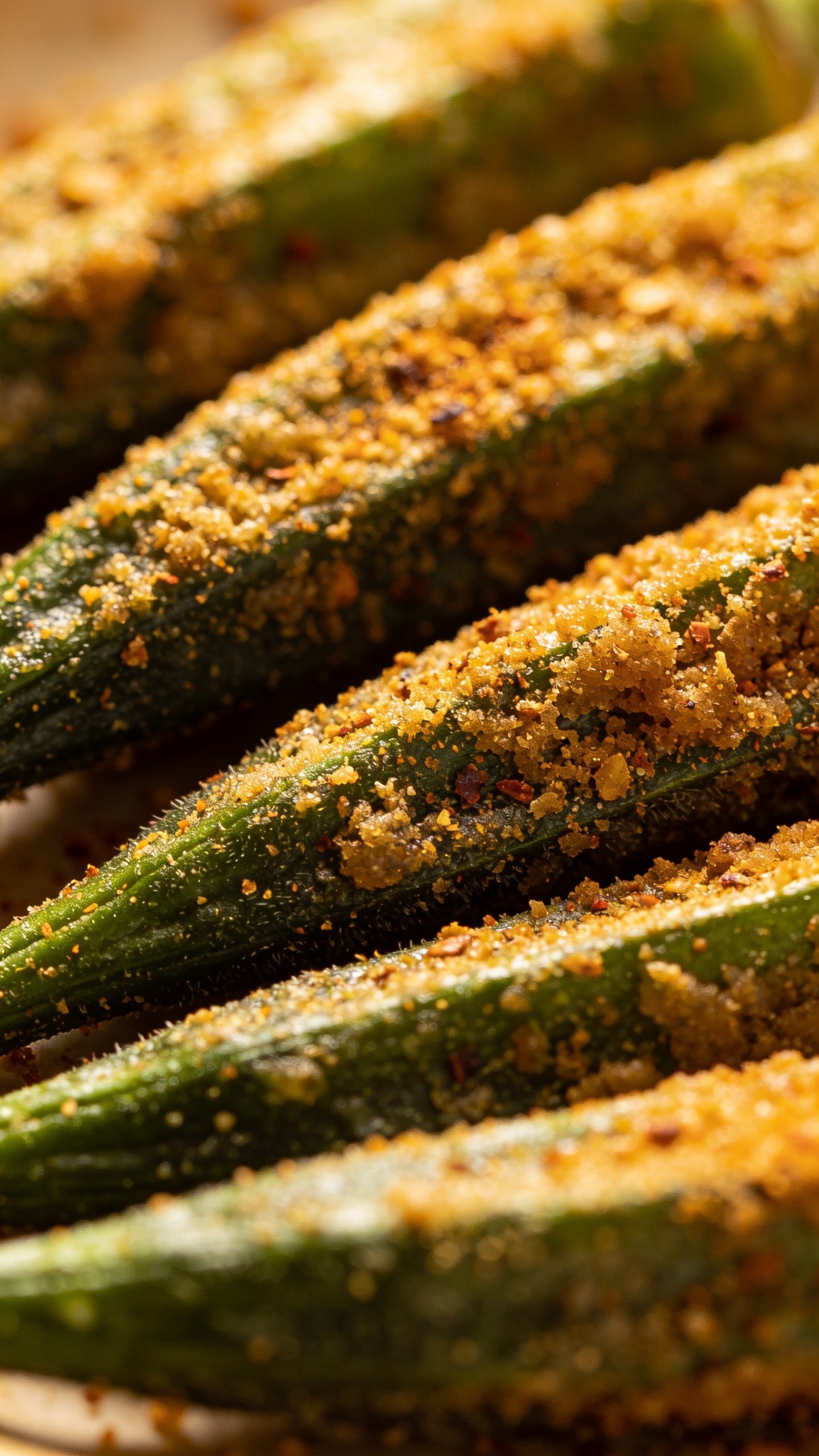 Closeup of seasoned crust coating on okra pods