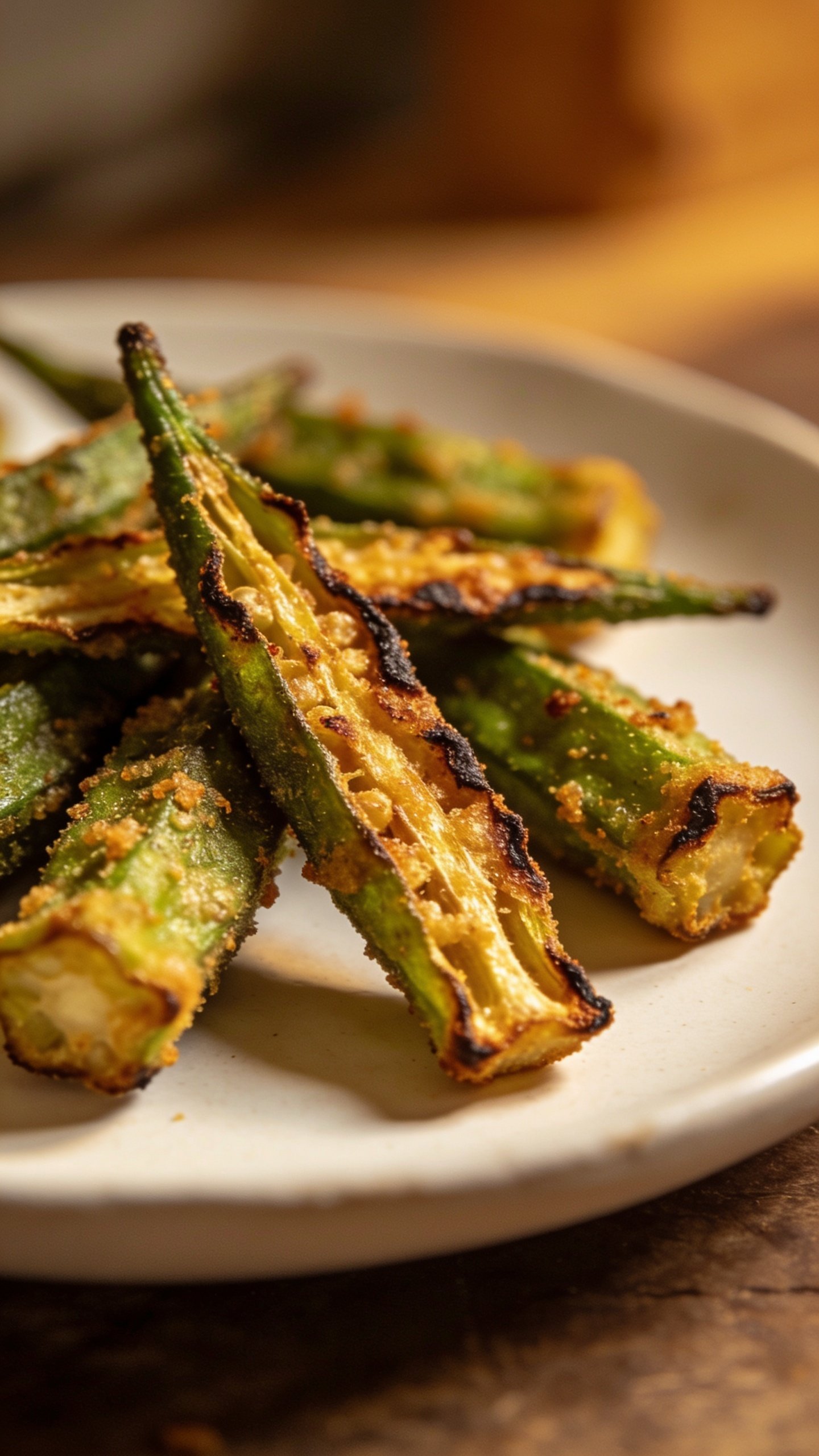 closeup of crispy air-fried okra spears on white plate