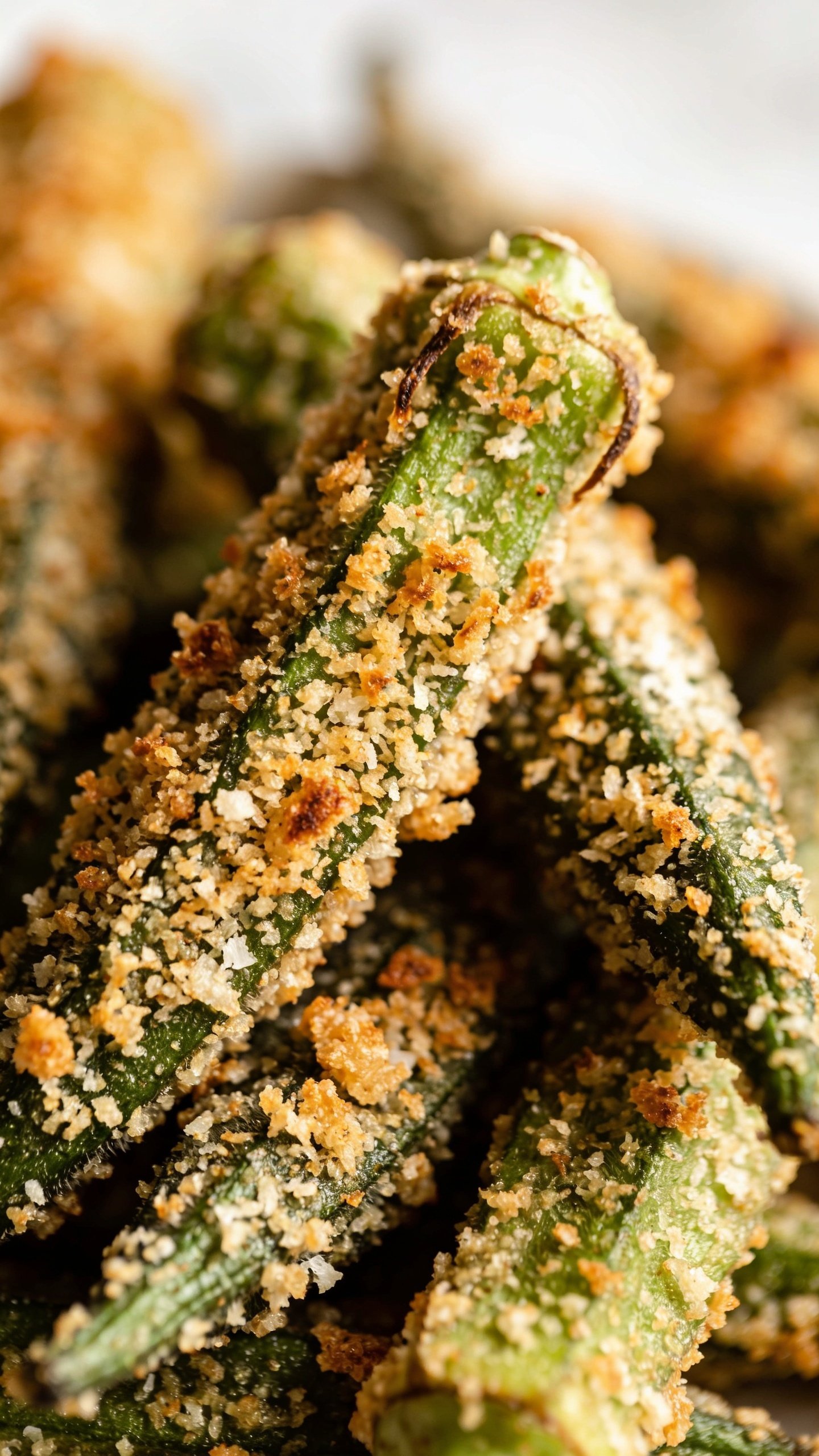 closeup shot of golden-brown okra coated with panko-parmesan