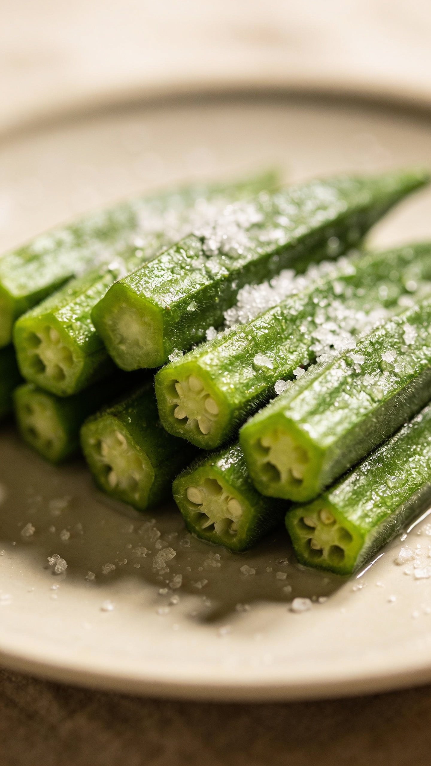 Closeup of glossy boiled okra on plate with salt crystals, soft shadow