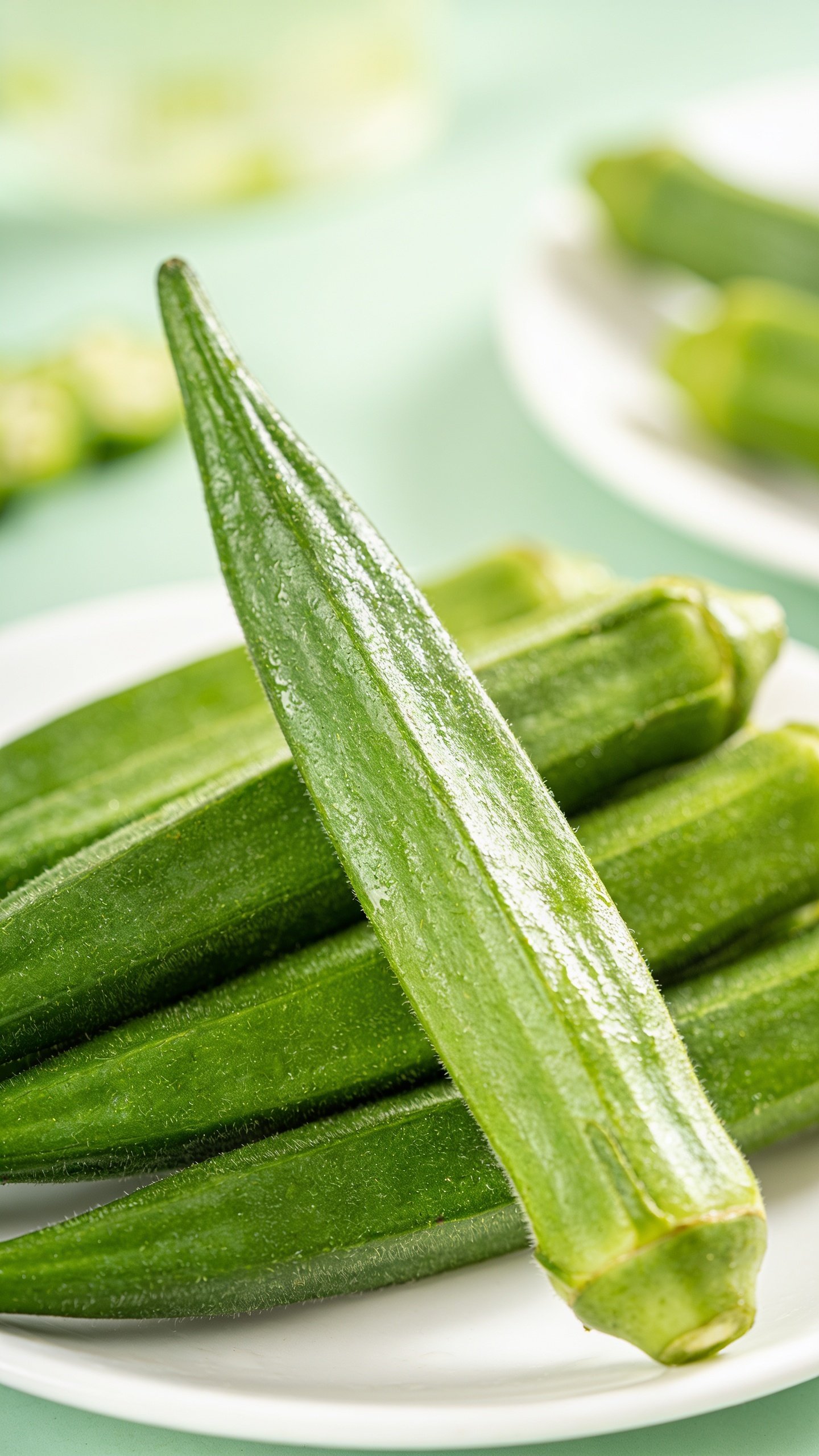 Closeup of bright green okra with papery crust texture on white plate