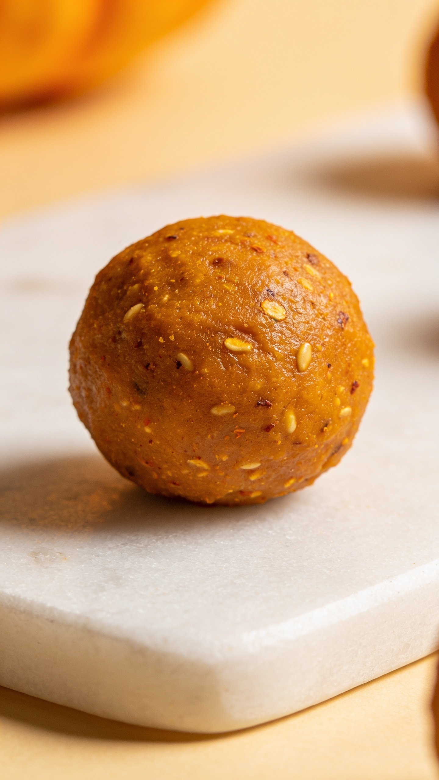 Closeup of a single pumpkin protein ball on white slate