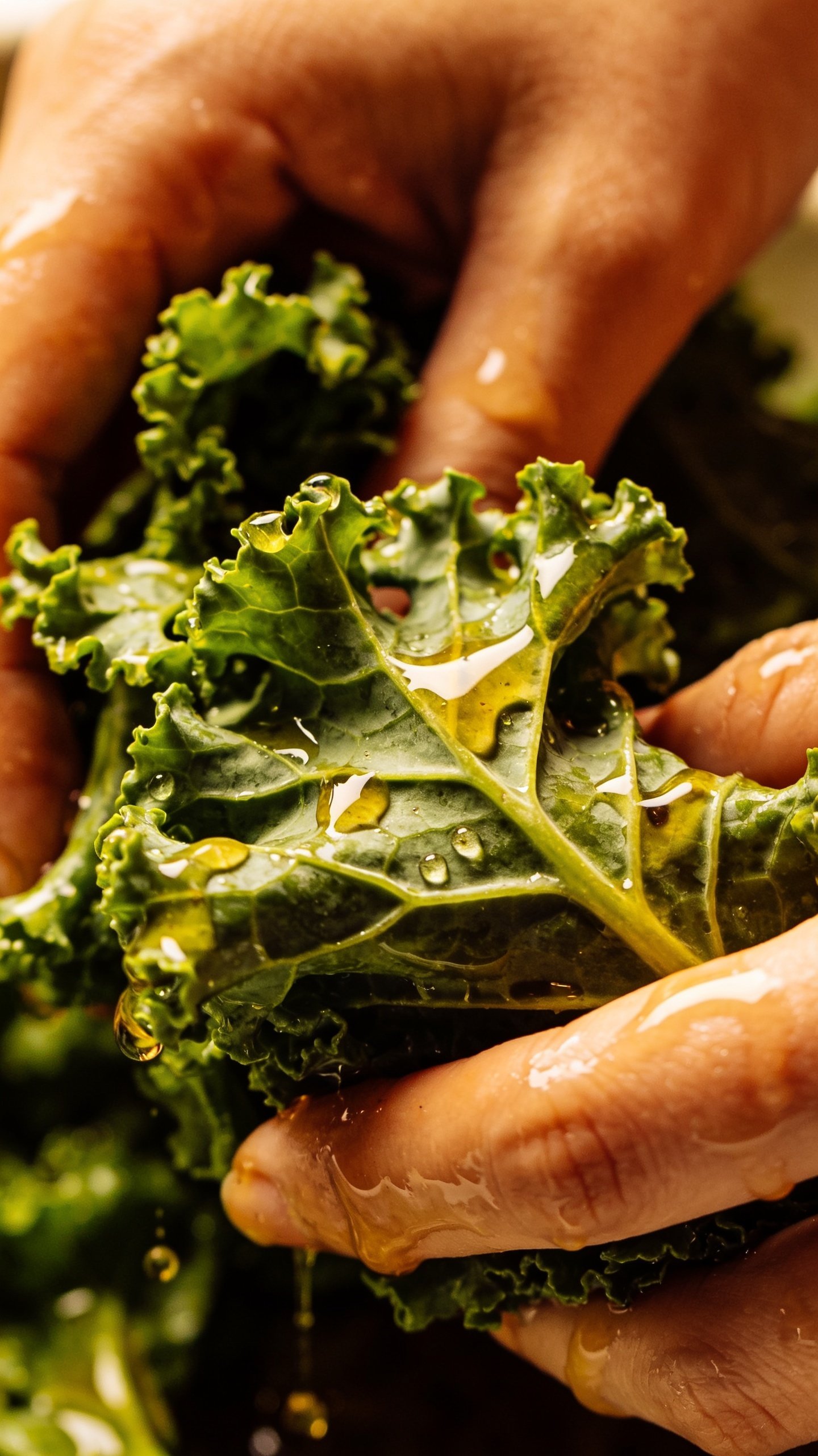 Closeup of kale leaves being massaged by hands, glossy dressing drizzle