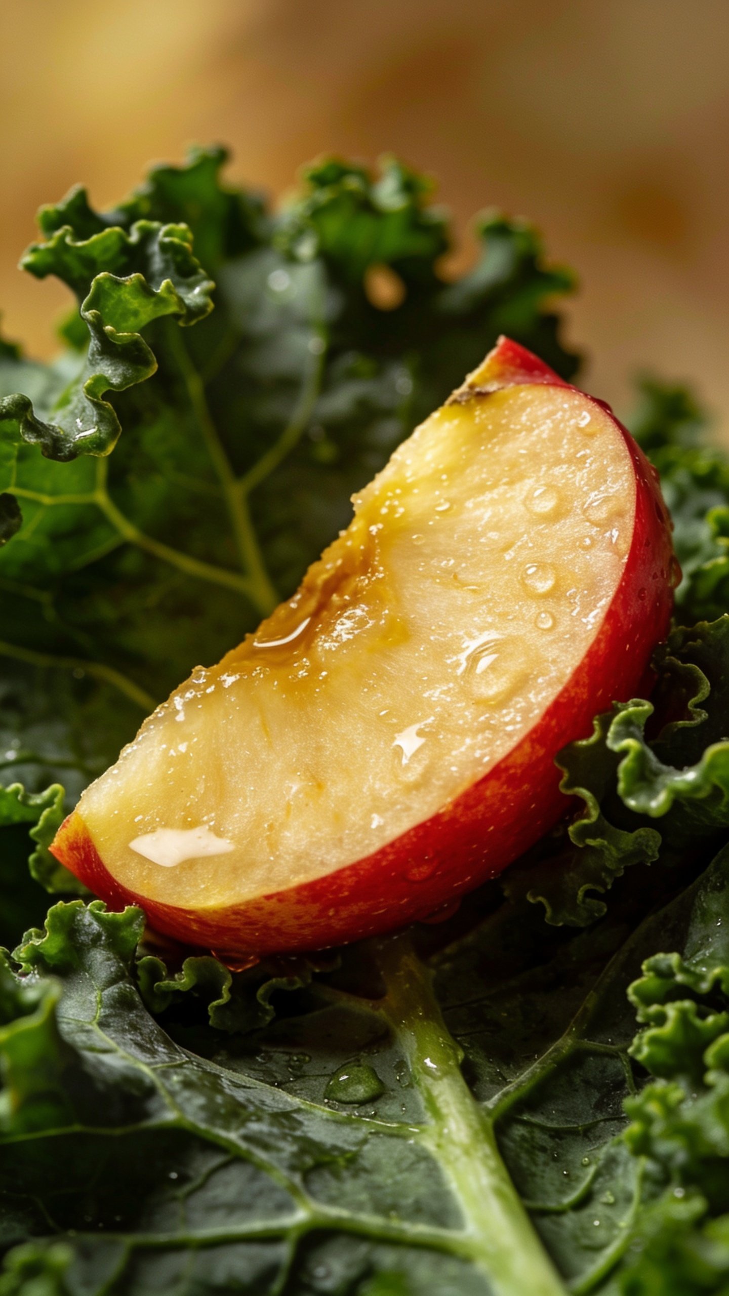 Closeup of a single Honeycrisp apple slice atop kale