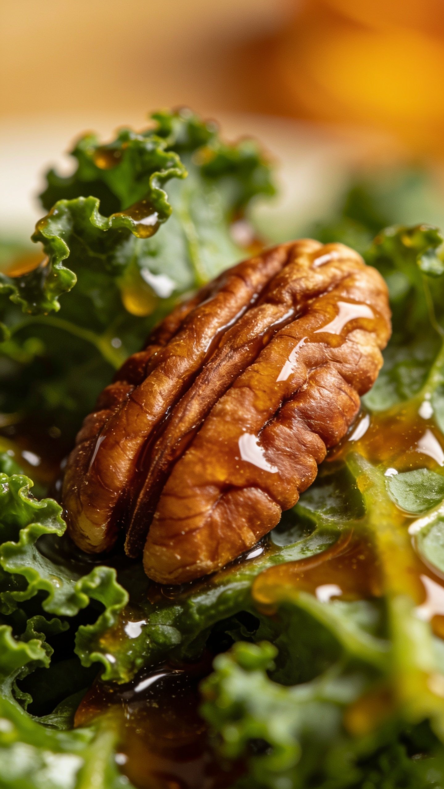Closeup of a single pecan half resting on maple dressing-coated kale