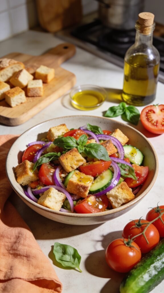 A vibrant, high-resolution still life of a Tuscan Panzanella salad in a rustic, sunlit kitchen. The main subject is a generous bowl of colorful panzanella at the center, featuring crispy golden-brown cubed day-old bread, juicy red tomatoes, thinly sliced red onions, torn fresh basil, and cucumber slices, all lightly coated in a glossy, tangy vinaigrette. Surround the bowl with ingredients and props that tell the summer-in-a-bowl story: a wooden cutting board with extra bread cubes, a small drizzle of olive oil, a bottle of extra-virgin olive oil, a halved tomato and a few torn basil leaves for garnish, a lightly textured linen cloth in warm tones, and a few fresh tomatoes and a cucumber arranged nearby. The lighting is natural and warm, casting soft shadows to emphasize the crisp textures of the bread, the juiciness of the tomatoes, and the vibrant greens of the basil. A shallow depth of field keeps the salad in sharp focus while gently blurring the background to create a chef’s-kitchen, pantry-with-a-summer-vibe atmosphere. No text on the image.