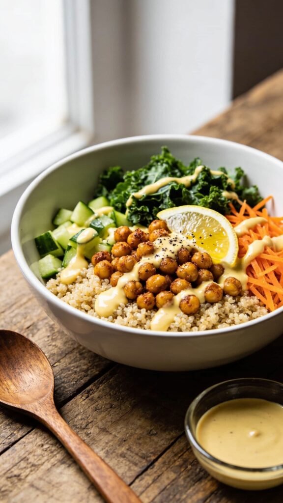 A vibrant, high-resolution food photograph of a Crunchy Chickpea Power Bowl arranged in a spacious white ceramic bowl on a rustic wooden table. The bowl features a generous bed of fluffy quinoa as the base, topped with crispy toasted chickpeas, shredded kale or spinach, diced cucumber, shredded carrots, and a drizzle of lemon-tahini dressing visible as a glossy, pale-yellow layer. Garnish with a light squeeze of lemon and cracked black pepper. Style: natural window light, shallow depth of field, warm and inviting, with subtle shadows and a clean, minimal background to emphasize the colorful, healthy ingredients. Include a small wooden spoon and a tiny glass bowl of extra tahini on the side for context. The main subject should be the Crunchy Chickpea Power Bowl, clearly showcasing texture and freshness without any text on the image.