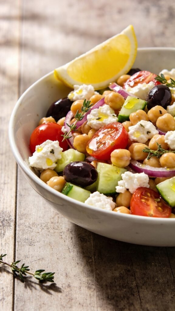 A high-resolution, studio-style food photograph of a vibrant Zesty Greek-Style Chickpea Salad presented in a shallow, wide white ceramic bowl. The bowl sits on a lightly textured natural wood table with soft, diffused daylight from the left, creating gentle shadows. The salad is a colorful medley: creamy white feta crumbles scattered over golden chickpeas, halved bright red cherry tomatoes, crisp cucumber dice, thinly sliced red onions, and glossy Kalamata olives. A few fresh oregano sprigs are tucked among the vegetables, and a bright lemon wedge sits at the rim for a pop of yellow. The lemon-lemony dressing lightly coats the ingredients, giving a fresh sheen. The shot should capture the textures: creamy feta, juicy tomatoes, crisp cucumber, and the slight bite of olives, with a balanced depth of field to emphasize the bowl’s contents while keeping the background softly blurred. No text or logos in the image.