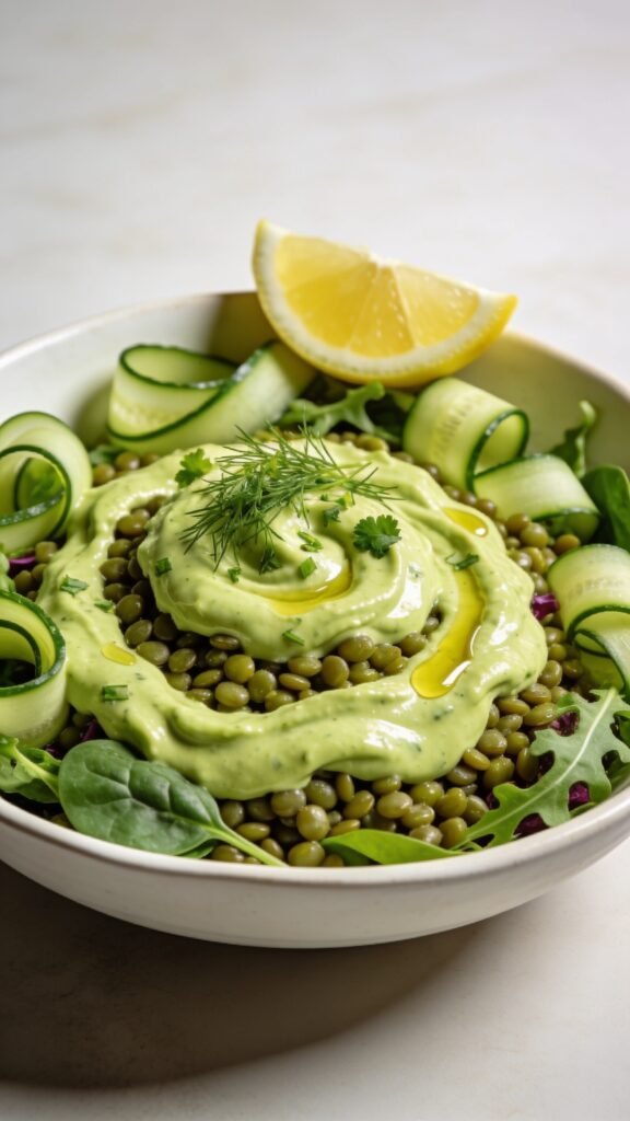 A high-resolution, studio-style food photograph of a vibrant Green Goddess Avocado and Herb Lentil Salad plated in a shallow white ceramic bowl. The main subject should be the creamy avocado dressing gently swirled into the earthy green lentils, with plump lentils visible beneath a bed of mixed greens (baby spinach and arugula) and cucumber ribbons. Garnish with a delicate sprinkle of chopped fresh dill and parsley, and a bright lemon wedge resting at the rim. The lighting is natural and directional to highlight the creamy texture of the avocado dressing and the glossy olive oil drizzle. Include subtle shadows for depth, a clean neutral background, and a softly out-of-focus backdrop suggesting a wooden table and a few herb sprigs nearby to convey freshness. The composition should feel inviting and wholesome, emphasizing the healthy, mayo-free creaminess and the herbaceous brightness of the dish. No text on image.