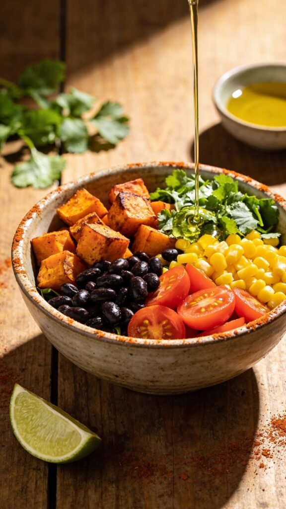 A vibrant, high-resolution food photograph of the "Sweet Potato Black Bean Fiesta Salad" arranged in a rustic ceramic bowl atop a sunlit wooden table. The bowl is bursting with warm roasted sweet potato cubes, glossy black beans, and bright corn kernels, mixed with halved cherry tomatoes and fresh chopped cilantro. A lime wedge and a light drizzle of olive oil glisten on top, with a subtle dusting of chili powder around the rim for a fiesta vibe. The scene includes a few loose cilantro sprigs, a small bowl of extra olive oil in the background, and a soft natural light from the side to create gentle shadows and depth. The main subject—Sweet Potato Black Bean Fiesta Salad—is presented prominently, inviting and colorful, with a clean, uncluttered background that emphasizes freshness and wholesome ingredients. No text on the image.