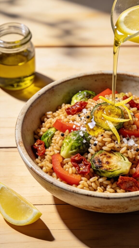 A vibrant, high-resolution food photograph of a heart-healthy farro and roasted veggie salad as the main subject. The bowl is a rustic ceramic dish filled with warm, fluffy farro mixed with roasted Brussels sprouts (halved) and sliced red bell pepper, accented with chopped sun-dried tomatoes. A bright, glossy olive oil and lemon dressing is lightly drizzled on top, with a few lemon zest shards for a pop of color. The scene includes a sprinkle of flaky sea salt and cracked black pepper. The backdrop is a light wooden table with natural sunlight casting soft, inviting shadows. Nearby, a small jar of olive oil and a wedge of lemon hint at fresh dressing. The composition should be balanced, with the salad taking center stage, showcasing textures: chewy farro, crisp-tender veggies, and juicy sun-dried tomatoes. No text, but the plate should look appetizing and wholesome, capturing a nourishing midday meal.
