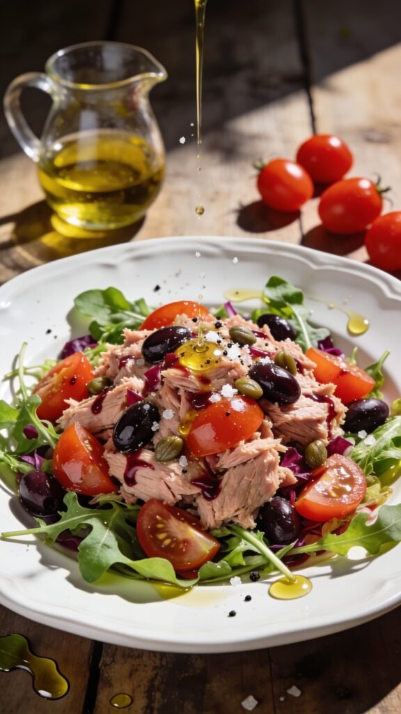 A vibrant Tuscan-inspired tuna salad plated on a sunlit white ceramic plate, placed on a rustic wooden table. The foreground features flaked tuna folded with halved cherry tomatoes, chopped kalamata olives, and capers, lightly glistening with extra-virgin olive oil and a kiss of red wine vinaigrette. The tuna mixture sits atop a bed of fresh mixed greens and arugula, with a few delicate olive oil-dressed leaves cascading around the plate. A subtle drizzle of olive oil catches the light, and tiny pinches of salt and black pepper are visible as seasoning. In the background, a small glass pitcher of olive oil and a scattering of bright red cherry tomatoes evoke a sunny, Mediterranean vibe. The main subject, the Tuscan Sun Tuna Salad, is presented as a fresh, wholesome, high-protein dish ready to be served, with natural shadows and a crisp, clean aesthetic. No text, no clutter.