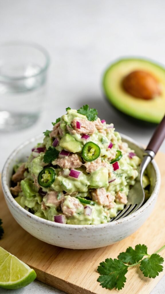 A high-resolution, hyper-realistic food photograph of a creamy avocado tuna salad served as a stylish lunch. The main subject is a heaping mound of pale-green, velvety avocado-tuna mixture in a rustic white ceramic bowl, with visible chunks of tuna and bright flecks of red onion, jalapeño, and cilantro. Surround the bowl on a light wooden board with soft, natural lighting that emphasizes the creamy texture and glossy sheen. Include a few cilantro leaves as garnish, a lime wedge resting nearby, and a fork with a modern matte handle partially stabbed into the salad. In the background, a small glass of water and a neatly sliced avocado half with a slight reveal of its vibrant flesh add context. Keep the color palette fresh and vibrant—greens, creams, and subtle purples—with a shallow depth of field to softly blur the background while keeping the tuna salad in sharp focus. No text on the image.
