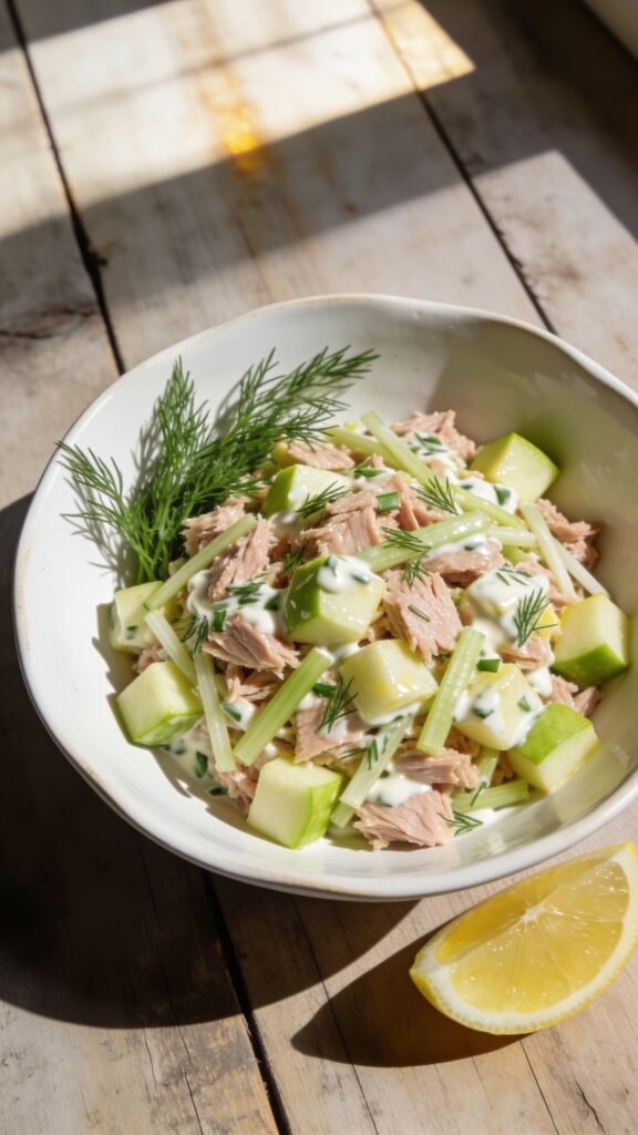 A high-resolution, hyper-realistic food photograph of a vibrant Crunchy Nordic Tuna Salad with Apple and Dill served in a wide, shallow white ceramic bowl. The salad features flaky tuna gently mixed with crisp Granny Smith apple dice, thin celery strips, and bright chopped dill, all glossy with a light lemon-yogurt dressing. The composition includes a few sprigs of fresh dill as garnish and a lemon wedge on the side for color balance. Surround the bowl with a rustic, neutral-toned wooden table and soft natural lighting from a window to create inviting shadows and highlights on the glossy dressing. Shoot from a slight top-down angle (about 45 degrees) to clearly show the textures: the tender tuna, juicy apple pieces, crunchy celery, and creamy light yogurt coating, with a clean, uncluttered background.