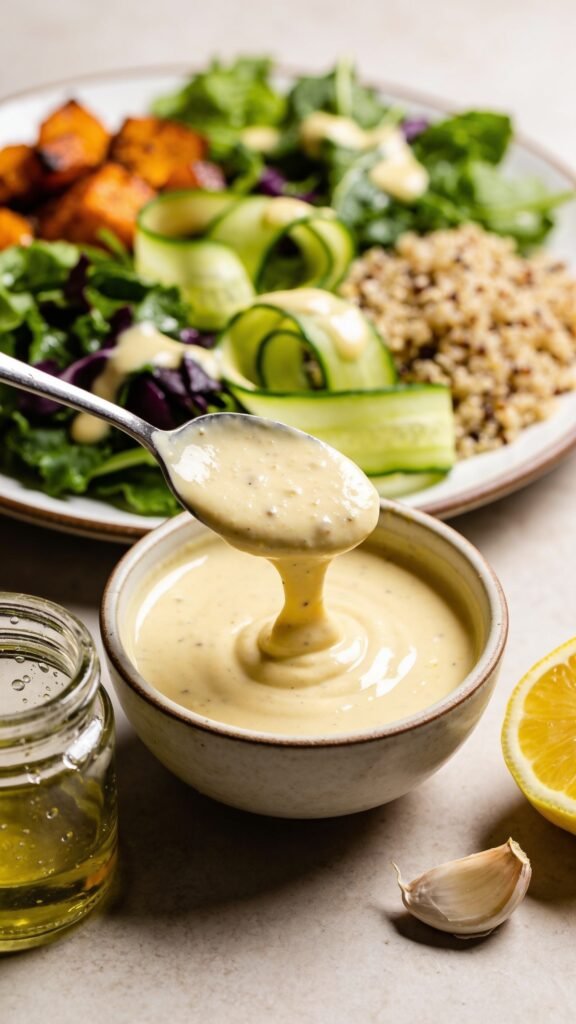 A vibrant, high-resolution still life of a glossy bowl of bright lemon-garlic tahini dressing, spoon drizzle over the rim, surrounded by a pristine, fresh salad plate featuring mixed greens, cucumber ribbons, quinoa, and roasted vegetables in warm tones. The dressing should appear silky and creamy with a subtle sheen, lightly coating the greens. Include a small mason jar or glass bowl with a tiny splash of water droplets on the side to imply dilution, a lemon half and a clove of garlic artistically arranged nearby to hint at ingredients, and a neutral, softly blurred background to keep the focus on texture and color. Natural lighting from the side to enhance the dressing’s sheen and the salad’s colors, with shallow depth of field to keep the dressing and plated salad crisp and inviting. No text.
