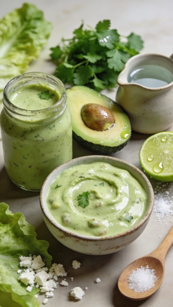 A high-resolution, editorial-style photograph of a fresh, vibrant bowl of creamy avocado verde dressing as the main subject, presented beside a rustic jar labeled subtly in a natural setting. The dressing is a luscious, pale green with silky texture, visible specks of cilantro and tiny avocado flecks. Surrounding elements include a halved ripe avocado with its seed removed, a small heap of bright cilantro leaves, a halved lime with droplets on the rind, and a light dusting of sea salt. Include complementary textures: romaine leaves and cotija cheese crumbles lightly scattered nearby, plus a small ceramic pitcher of water and a wooden spoon to suggest the blending process. The composition should convey a fresh, healthy, dairy-free vibe, with soft natural lighting highlighting the glossy dressing, slight sheen on the avocado, and a shallow depth of field that softly blurs the background while keeping the dressing and ingredients crisp and appetizing. No text on the image.