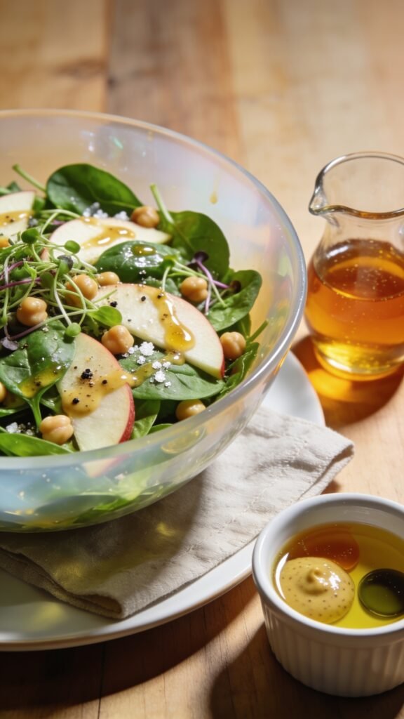 A high-resolution, studio-lit still life of a fresh, vibrant salad scene centered on a honey-mustard vinaigrette drizzle. The main subject is a glossy, slightly translucent salad bowl filled with baby spinach, thin apple slices, crunchy chickpeas, and a few microgreens, lightly tossed as if just dressed. A small glass cruet with honey sits beside the bowl, catching warm amber light to imply the dressing. A separate mini ramekin shows the mustard, honey, and olive oil emulsified vinaigrette with visible sheen. The plate should be placed on a natural wood surface with a neutral linen napkin, soft shadows, and a shallow depth of field to keep the focus on the glossy greens and the dressing’s emulsion. Include subtle spice of cracked black pepper and tiny salt crystals for texture, and ensure no text is present in the image. The overall mood is bright, wholesome, and appetizing, conveying a healthy, homemade dressing that brightens the greens.