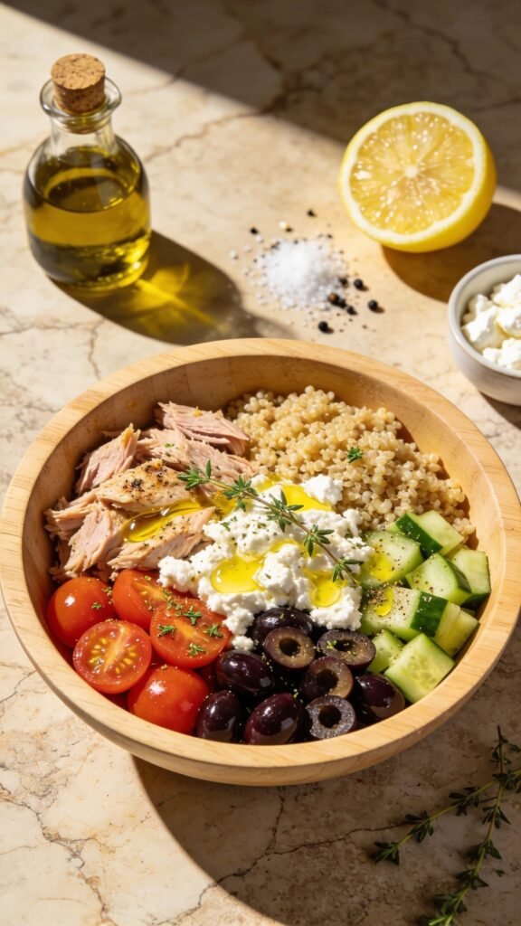 A high-resolution, editorial-style food photograph of a bright Mediterranean Lemon Thyme Tuna Power Bowl filling a shallow, light-wood bowl. The bowl sits on a sunlit rustic marble countertop with a warm golden-hour glow. Layered inside: flaked tuna seasoned lightly, fluffy quinoa, halved cherry tomatoes, diced cucumber, sliced Kalamata olives, and crumbles of feta topping. Drizzle of lemon juice and a kiss of olive oil shimmer over the ingredients, with a few sprigs of fresh thyme and a light dusting of oregano to echo the title. Surrounding props: a small bottle of olive oil, a halved lemon, a sprinkle of salt and pepper, and a tiny bowl of feta on the side, all arranged to convey a ready-to-go lunch. The composition should emphasize vibrant colors, textures (tender tuna, crisp veggies, fluffy quinoa), and a clean, appetizing presentation with natural lighting and shallow depth of field to keep the focus on the bowl itself. No text on the image.