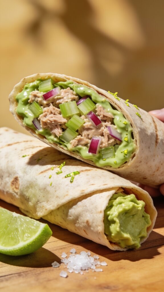 A realistic high-quality food photography shot of a Plate-and-wrap presentation: a sunlit, lightly textured wooden surface with two whole-wheat tortillas wrapped around a creamy avocado tuna filling, sliced diagonally to reveal the vibrant green avocado-tuna mixture studded with finely chopped celery and red onion. The filling should be creamy, glossy, and lightly speckled with lime zest, with a dollop of mashed avocado peeking at the open end of one wrap. Include a fresh lime wedge and a small scattering of sea salt crystals for texture. The main subject should be the Creamy Avocado Tuna Salad Wraps as the focal point, styled to look handheld-friendly with a clean, minimal background and natural shadows, emphasis on the wholesome, protein-rich ingredients and a light, healthy vibe. No text on the image.