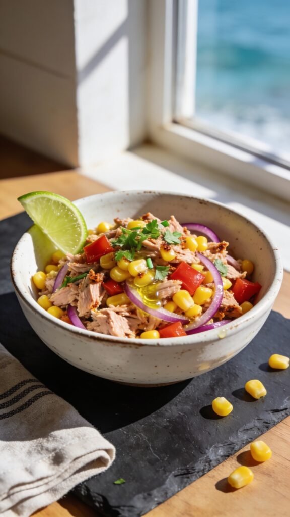 A high-resolution, photorealistic plated dish of Spicy Chipotle Tuna Salad with Corn Salsa in a coastal, sunlit kitchen setting. The bowl is a rustic white ceramic with a slight handmade texture, filled with the vibrant tuna salad mixed with glowing yellow corn kernels, diced red bell pepper, and delicate red onion strands. The tuna appears flaky, sheen of lime juice glistening on the surface, with slivers of fresh cilantro scattered on top. A light drizzle of olive oil catches the light. Garnish with a small lime wedge on the rim of the bowl and a sprinkle of finely chopped cilantro for brightness. Place the bowl on a dark slate serving board to contrast the colors, with a folded linen napkin and a few corn kernels scattered nearby. Natural, warm daylight from a window to the side creates soft shadows and highlights the textures: the creamy tuna, crisp corn, and crisp red pepper. Composition focuses on the main subject: the spicy chipotle tuna salad, captured at a slight overhead angle (about 45 degrees) to showcase the bowl’s contents and the structure of the salsa, with a shallow depth of field to gently blur the background while keeping the dish crisp and inviting.
