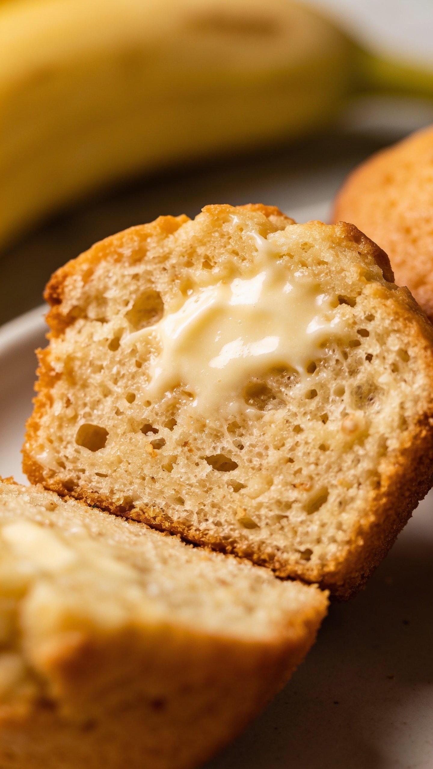 closeup of a soft banana muffin halved, creamy interior visible